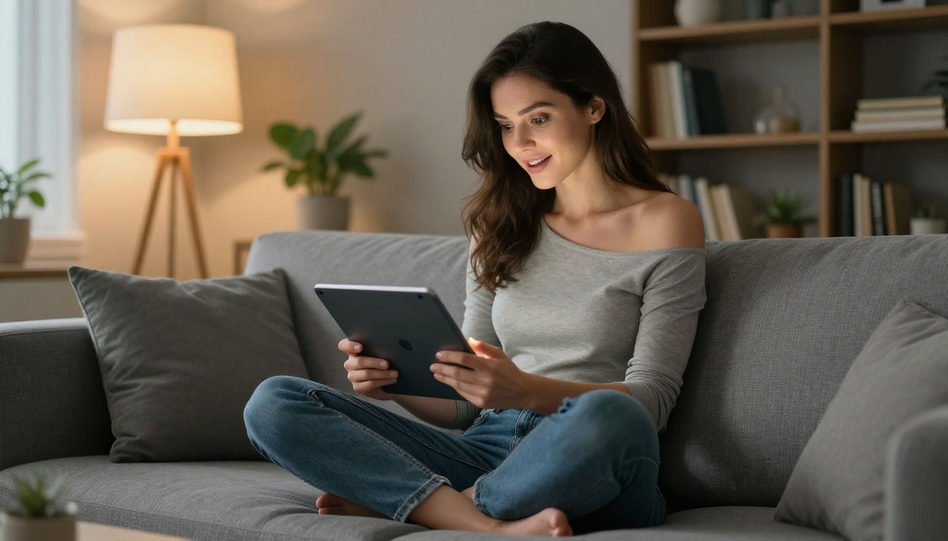 Woman sitting on sofa using tablet to browse AI platform with warm lamp