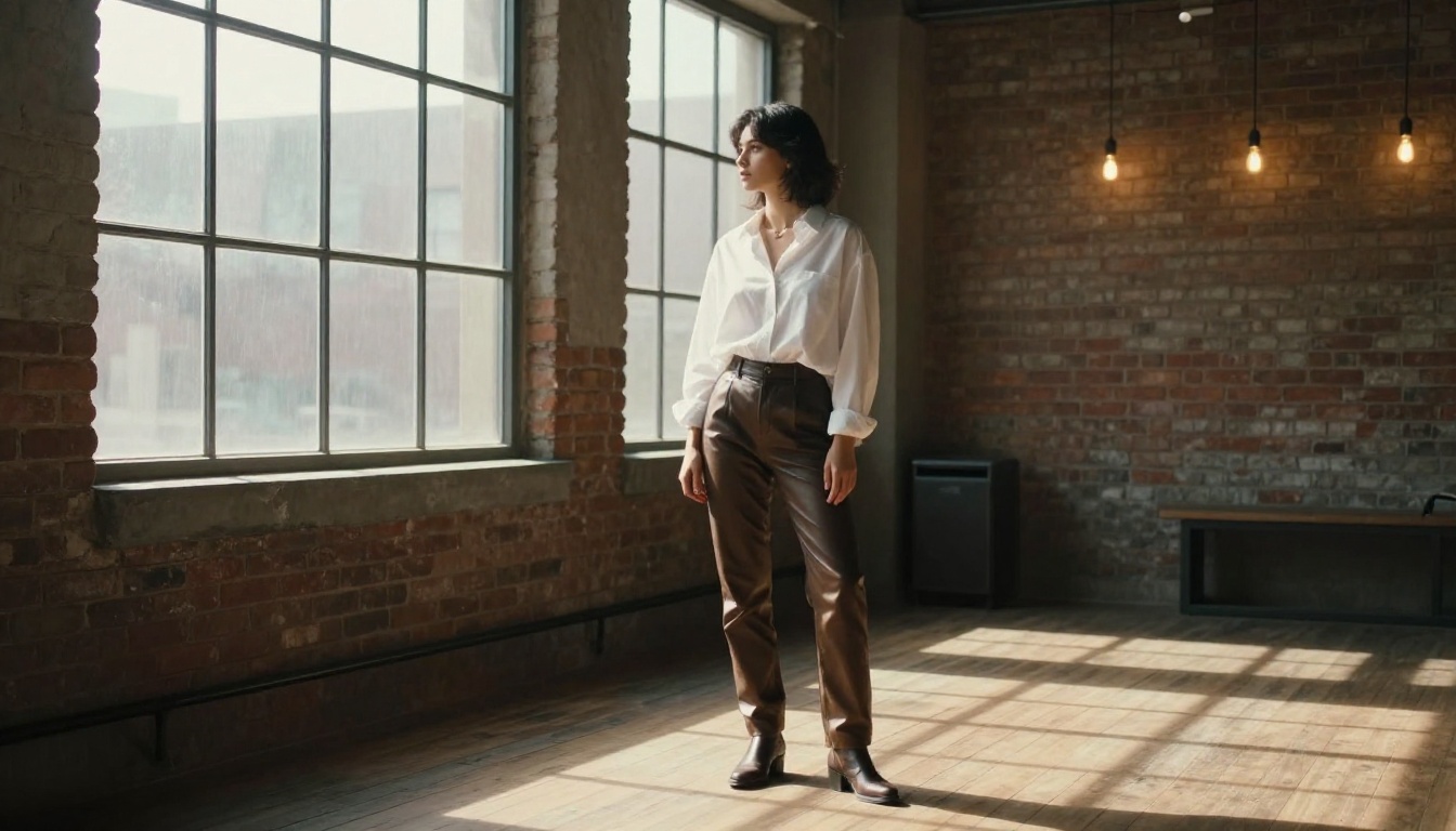 Young woman in loft space by industrial window with afternoon sunlight