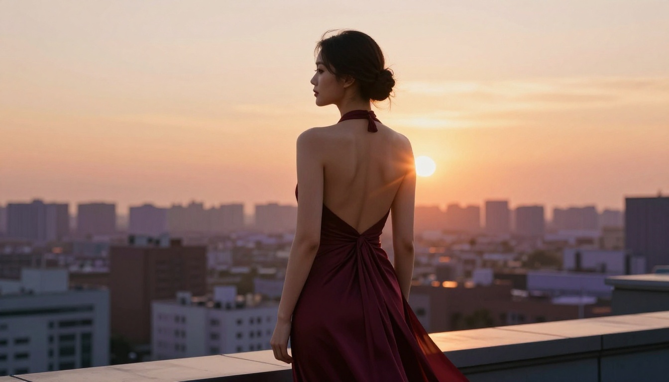 Woman in backless burgundy dress on rooftop terrace at golden hour with city skyline