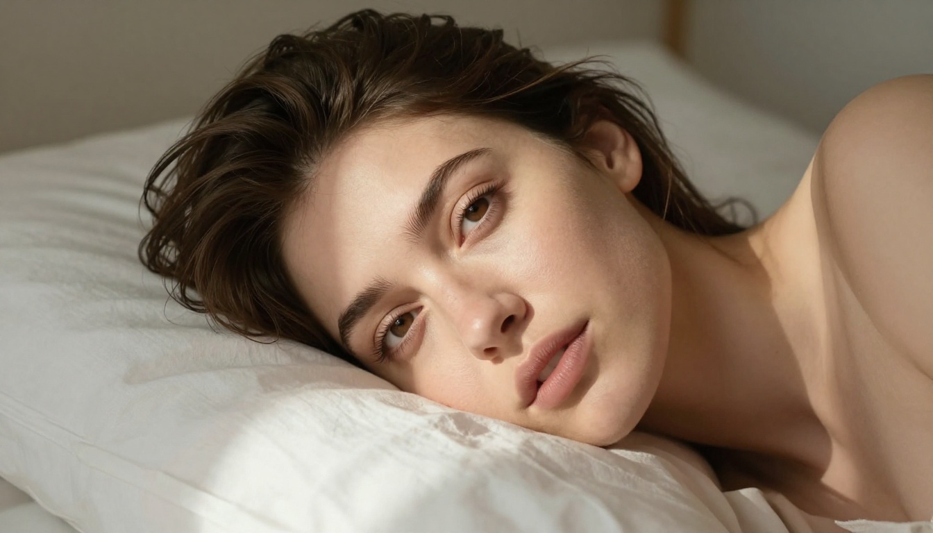 Woman with tousled hair lying on white linen in soft morning window light Woman with tousled hair lying on white linen in soft morning window light