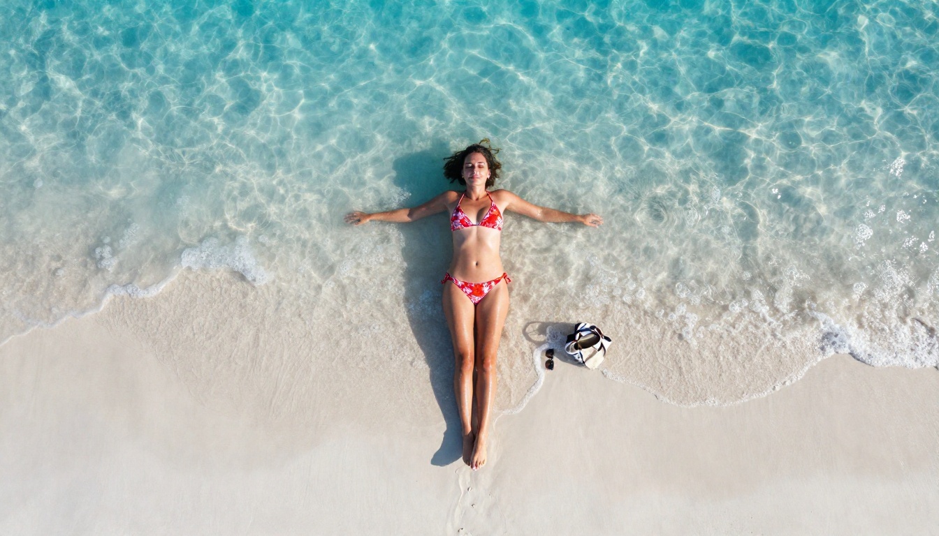 Aerial drone overhead view of woman in floral bikini on white sand beach