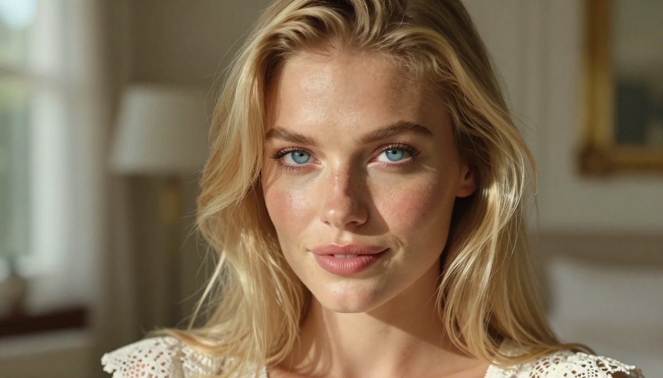 Photorealistic portrait of woman in white lace top, AI-generated
