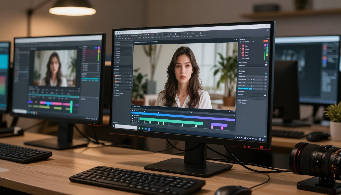 AI video generation professional workspace with monitor and timeline AI video generation professional workspace with monitor and timeline