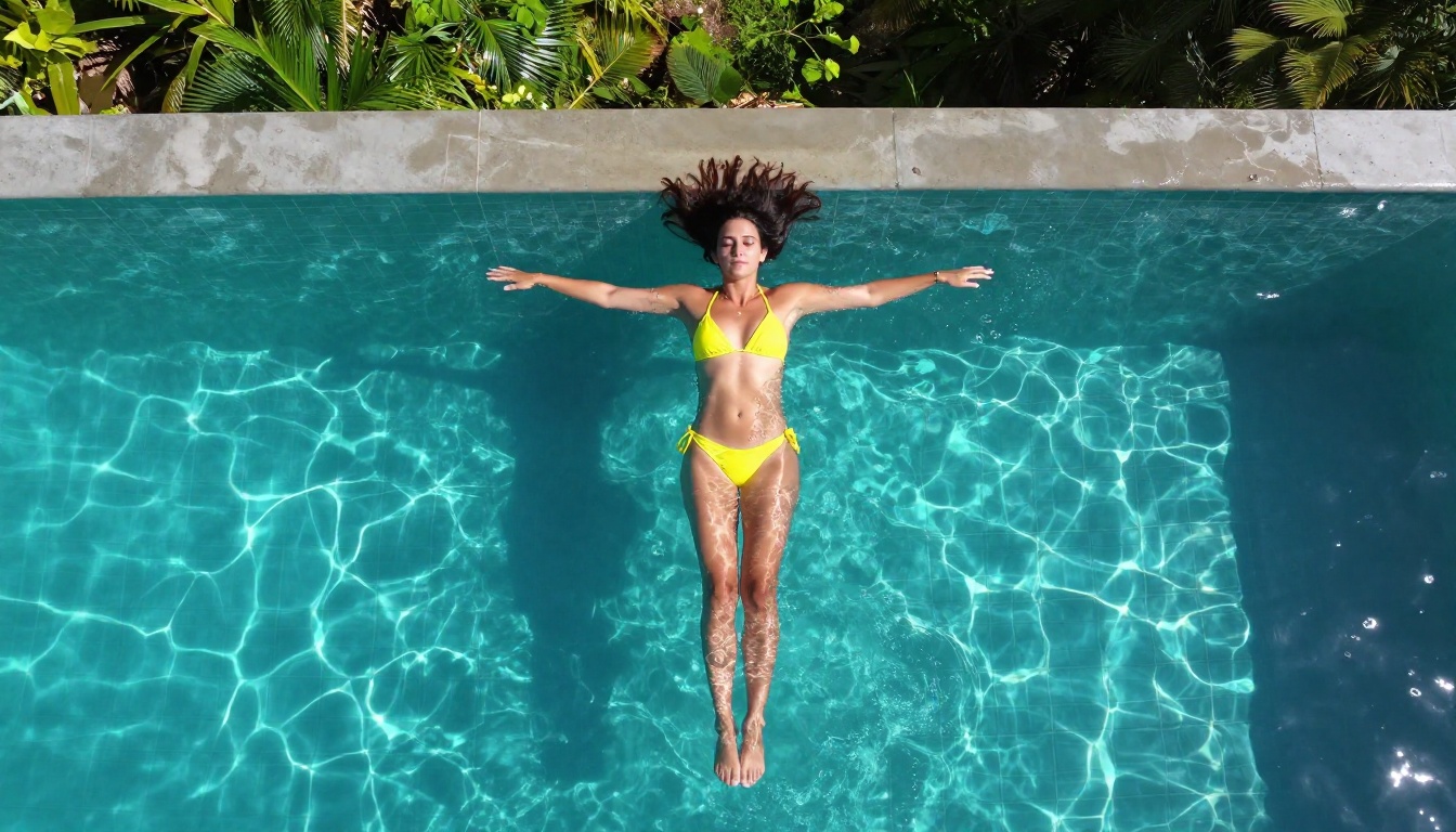 Aerial view of woman in yellow bikini floating in infinity pool above tropical valley