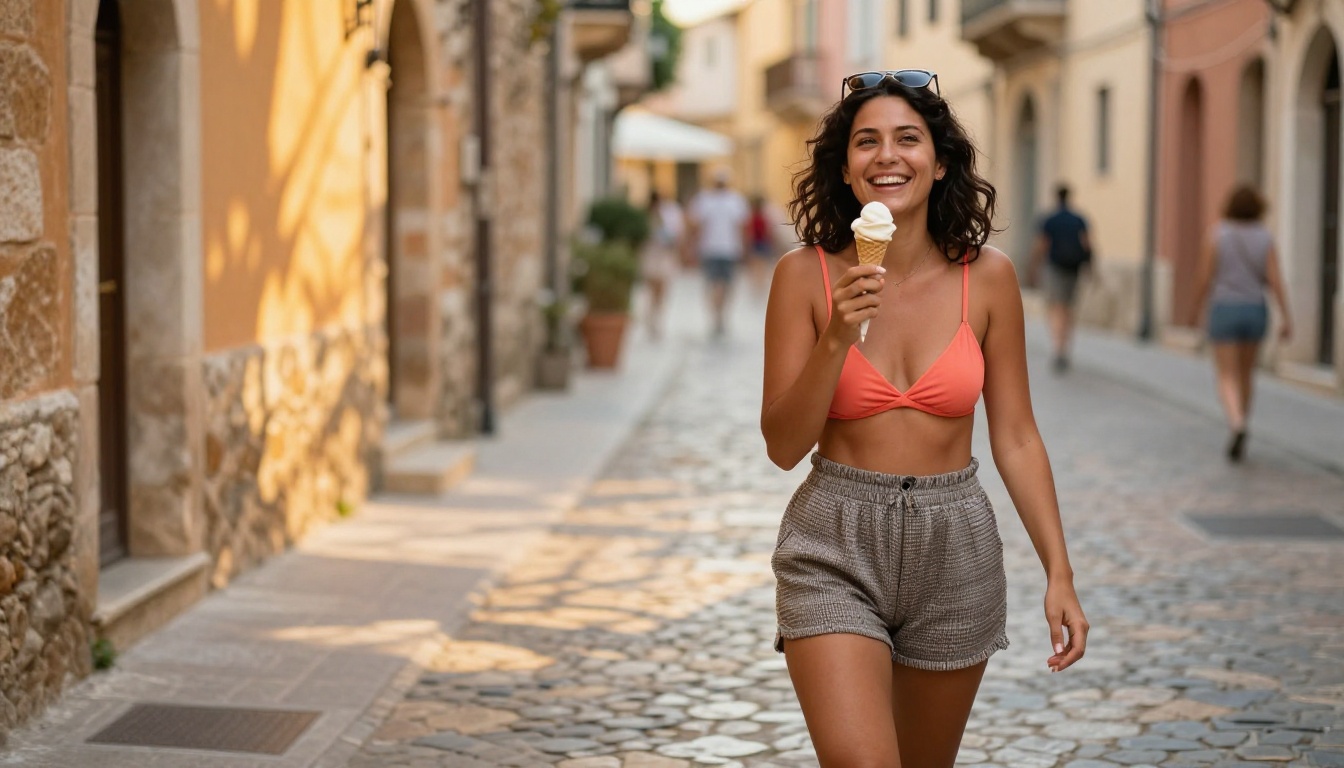 Woman walking through European cobblestone village street in coral outfit, photorealistic