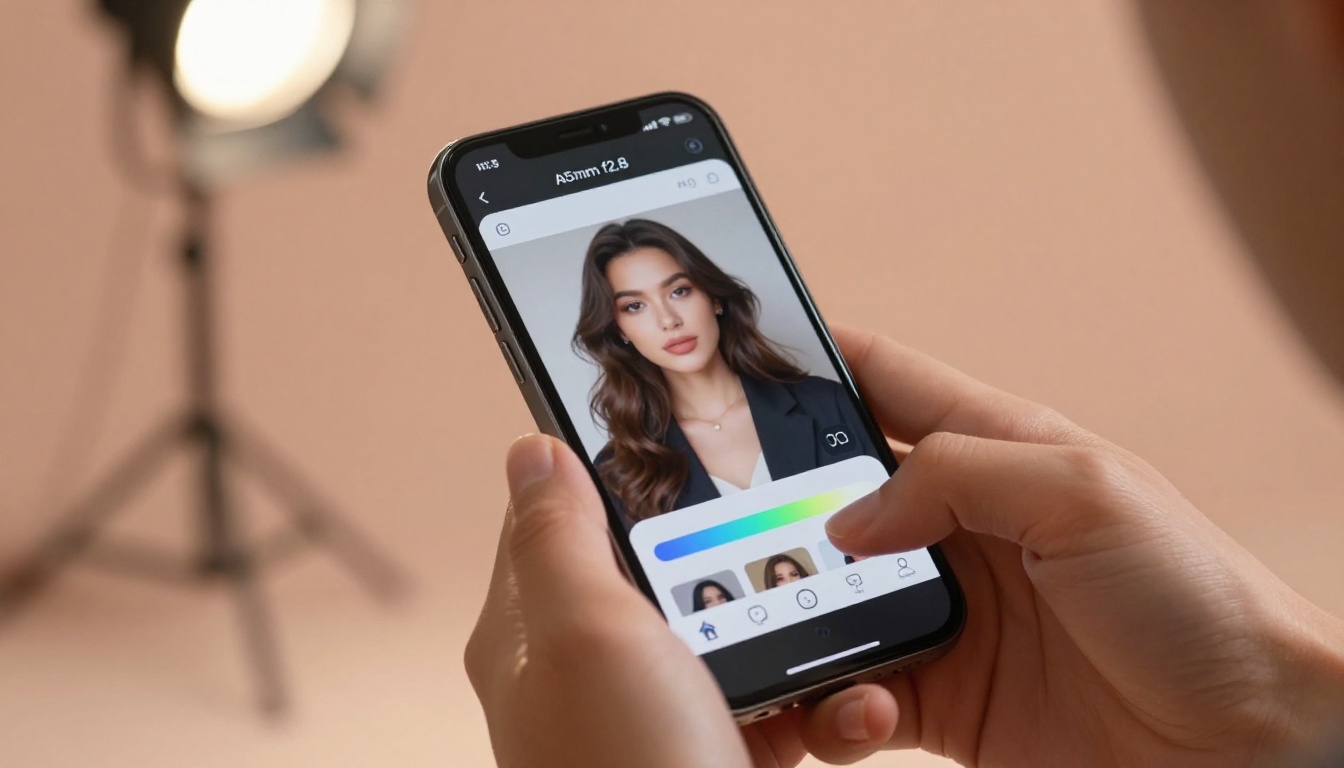 Person holding smartphone showing AI video generation app with blurred subject in background