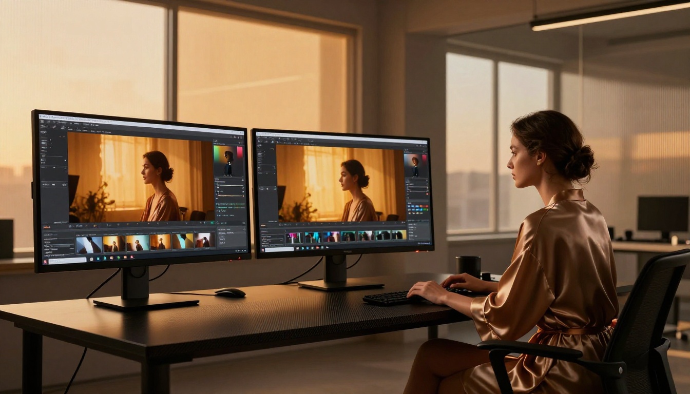 Professional studio scene with dual monitor AI video comparison setup