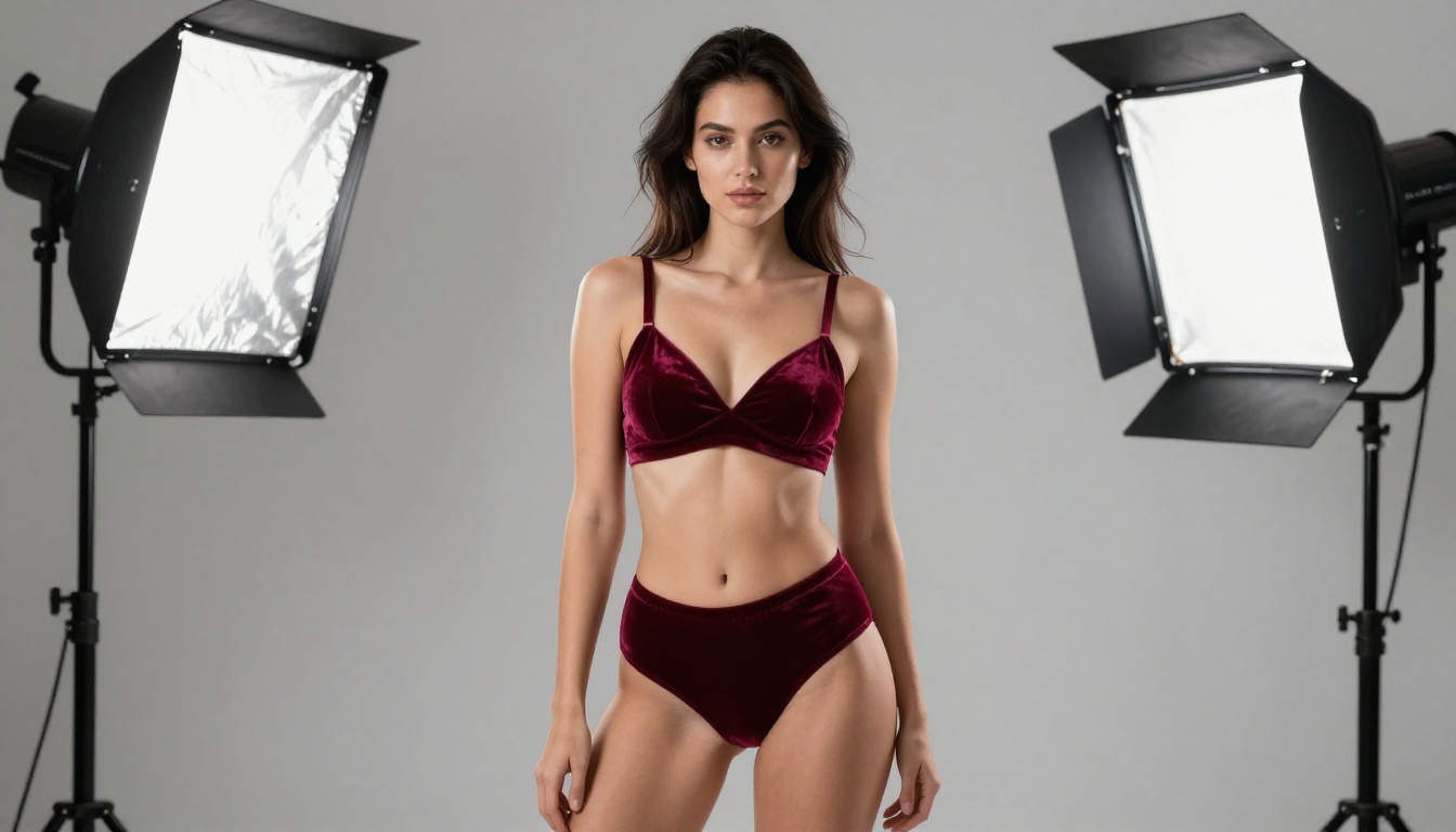 Studio portrait of model in deep burgundy velvet bralette, professional three-point lighting