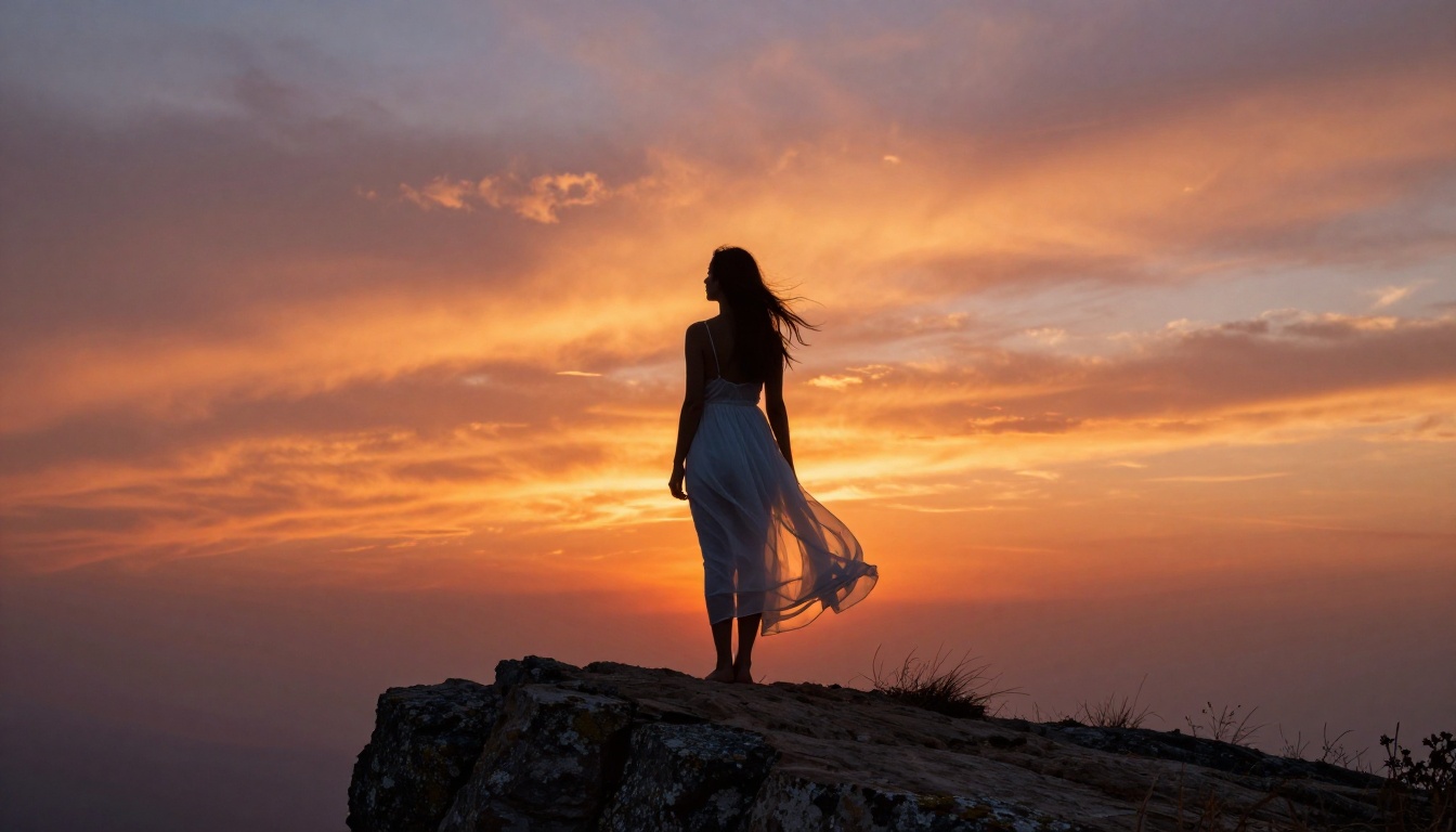 Photorealistic editorial - artistic silhouette at sunset clifftop