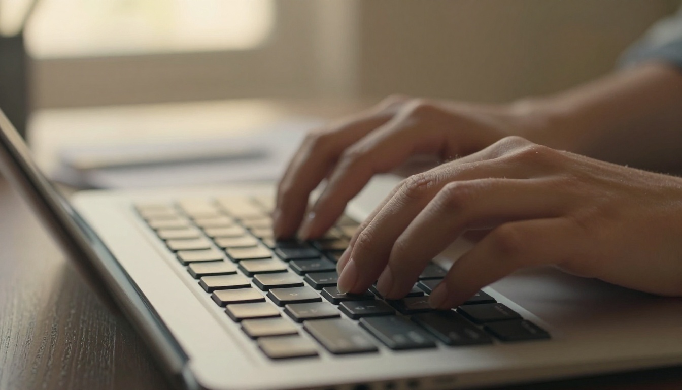 Elegant feminine hands typing on a backlit keyboard with warm afternoon light Elegant feminine hands typing on a backlit keyboard with warm afternoon light