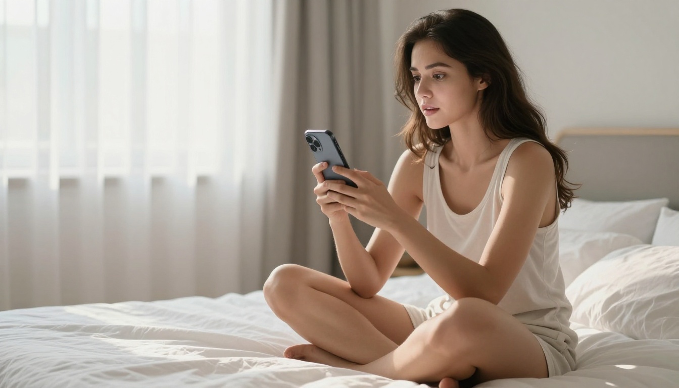 Attractive woman sitting cross-legged on white linen bed using smartphone in morning light Attractive woman sitting cross-legged on white linen bed using smartphone in morning light