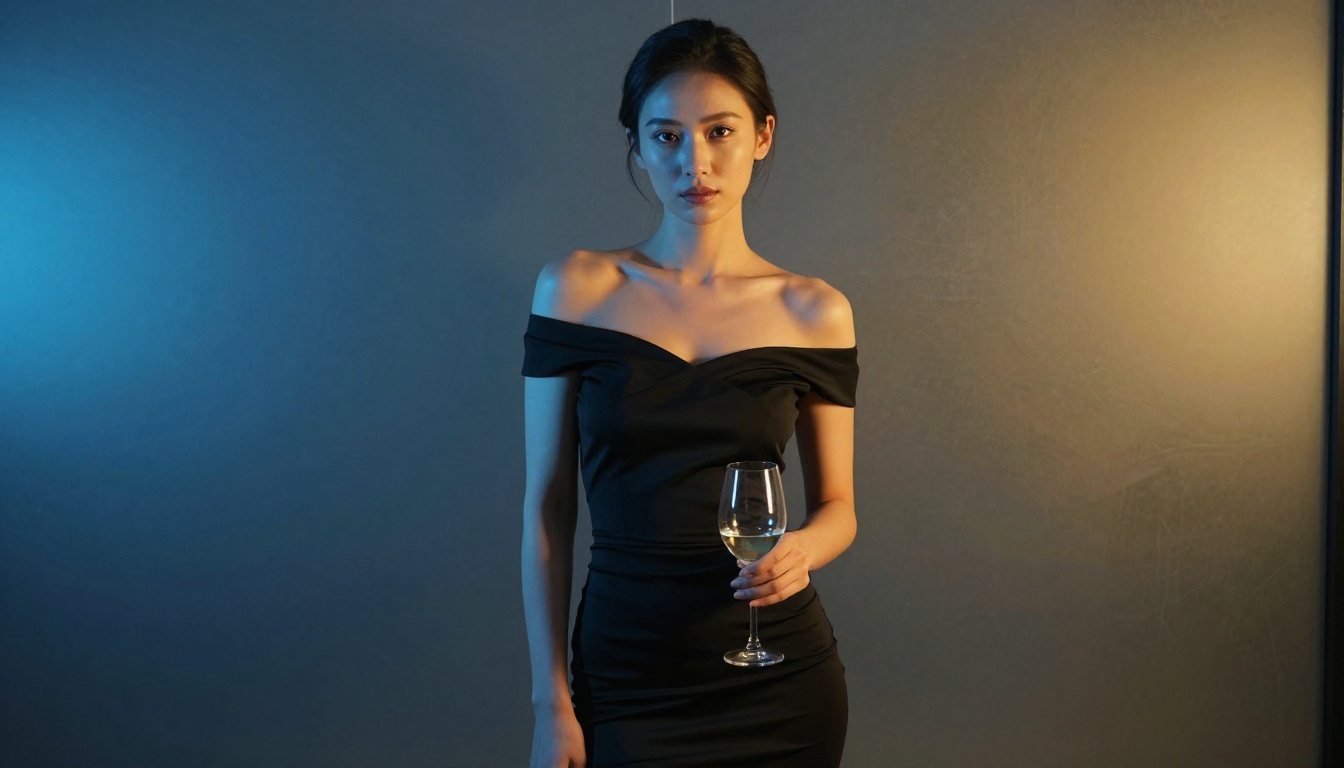 Alluring woman in off-shoulder black dress with dramatic split lighting against frosted glass Alluring woman in off-shoulder black dress with dramatic split lighting against frosted glass