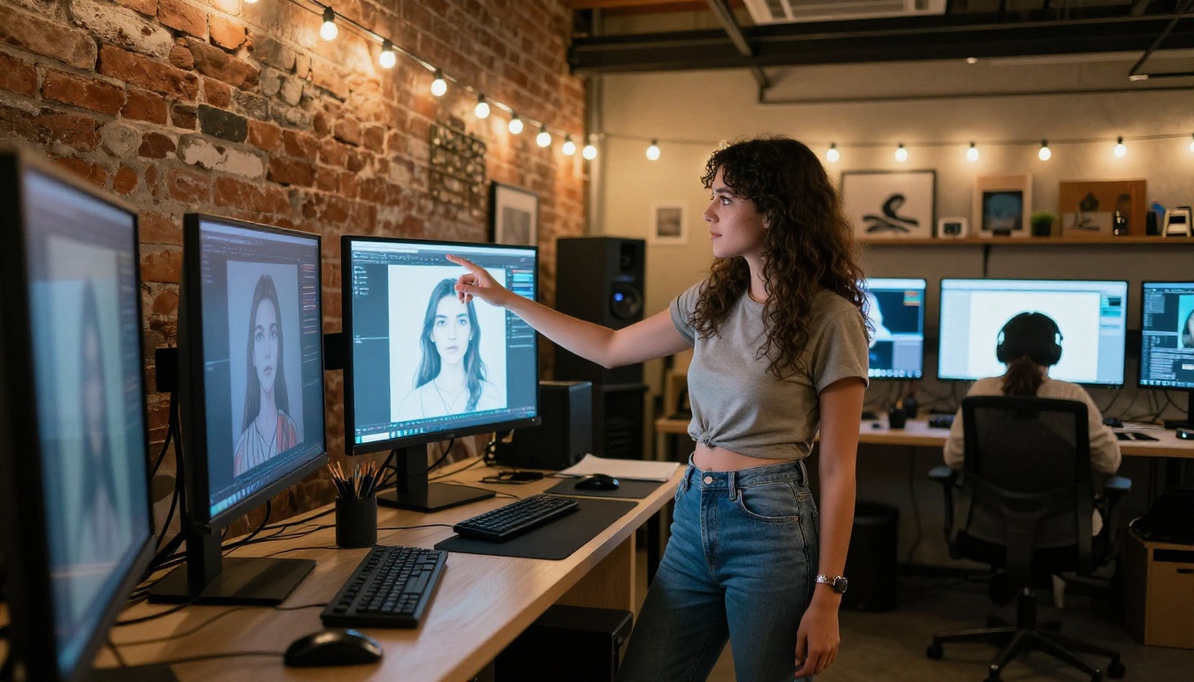 Beautiful woman creator in AI art studio surrounded by multiple screens of generated images