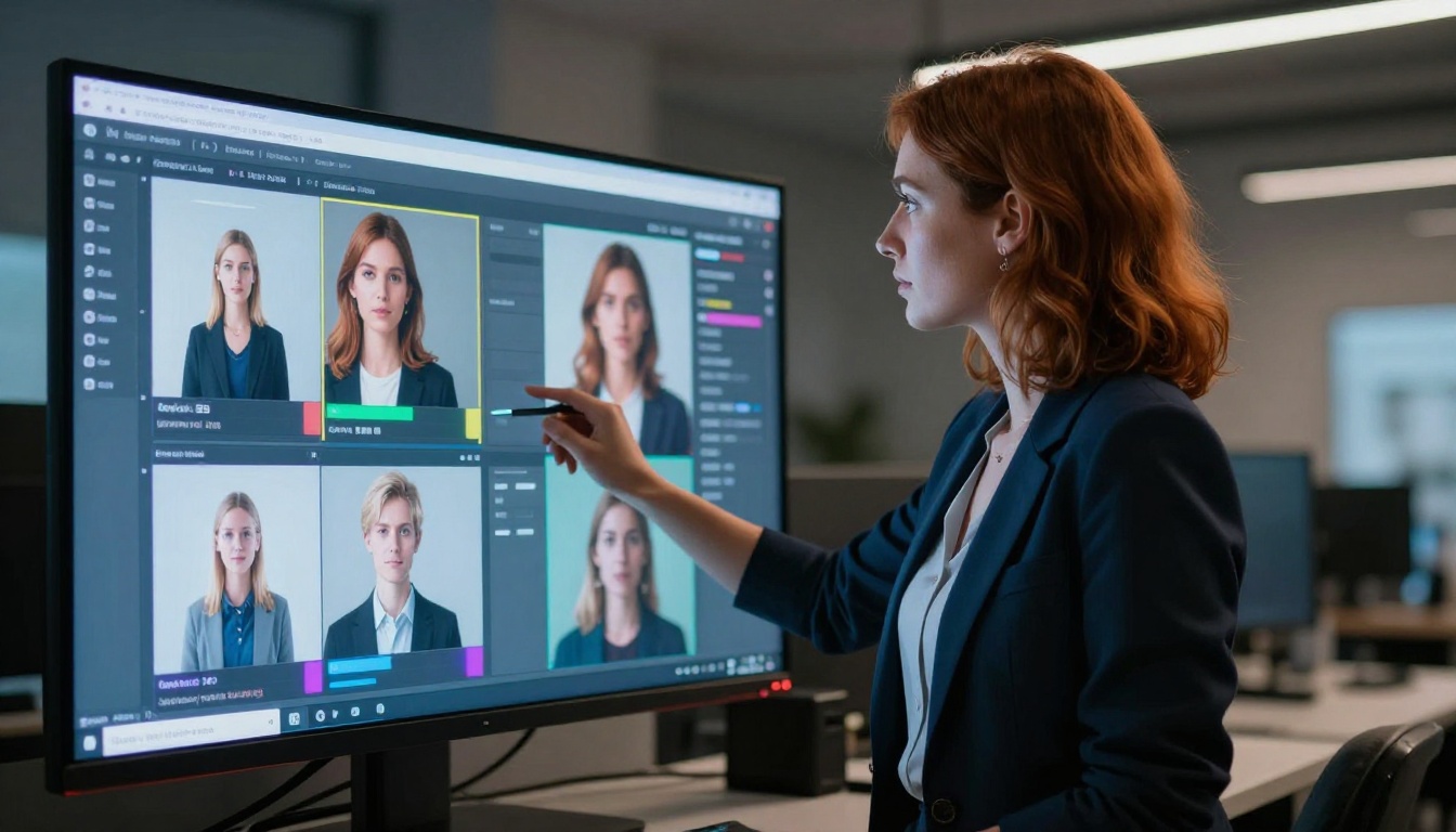 Woman with auburn hair reviewing AI model interface on large illuminated screen at night