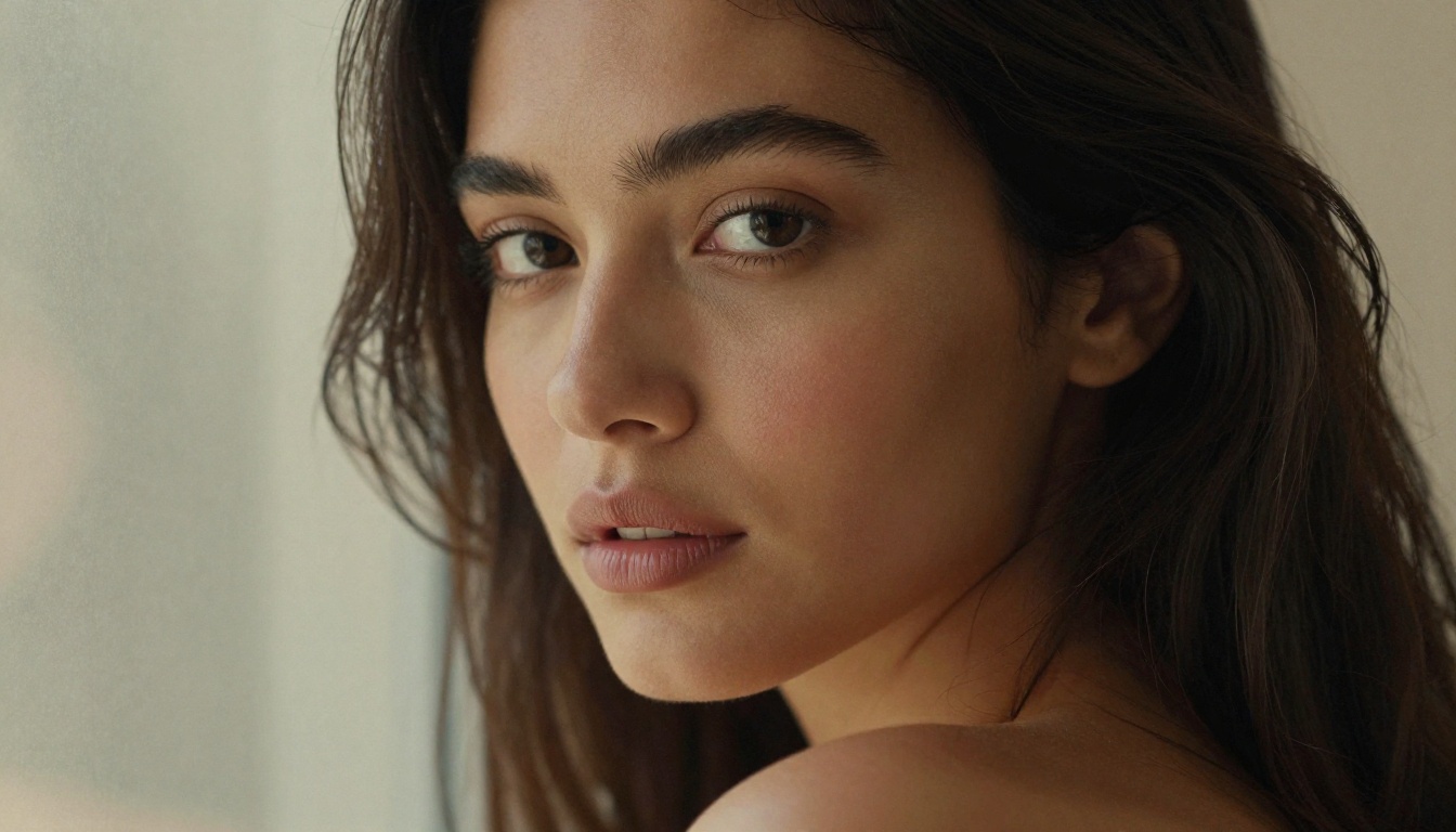 Close-up portrait of a confident woman with flawless olive skin in soft morning light, artistic and photorealistic