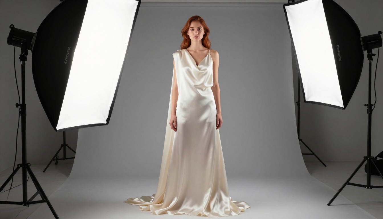 Editorial fashion photography studio session with a female model in ivory silk draping, octabox overhead lighting, photorealistic