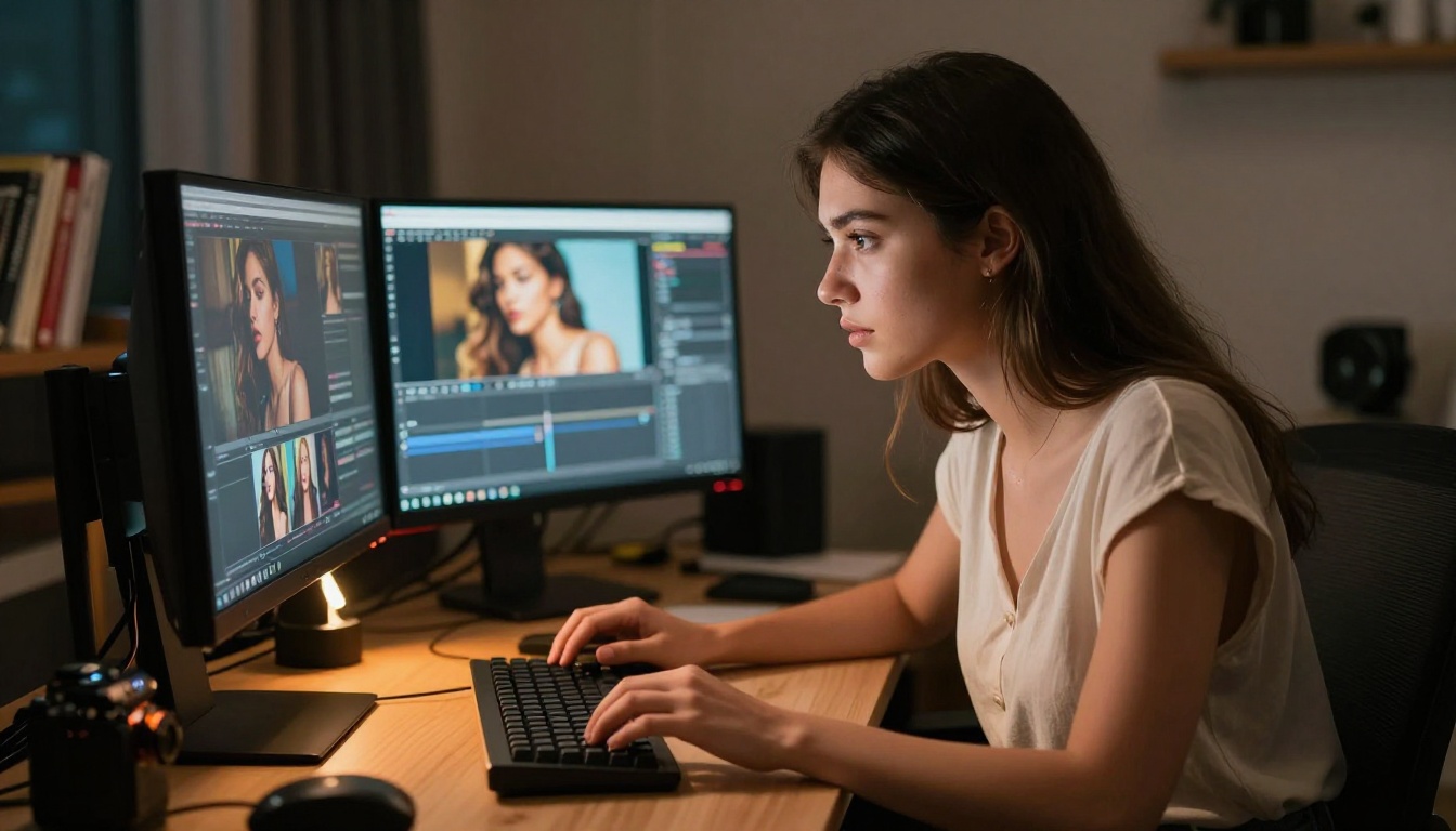 Content creator at professional workstation reviewing AI-generated images