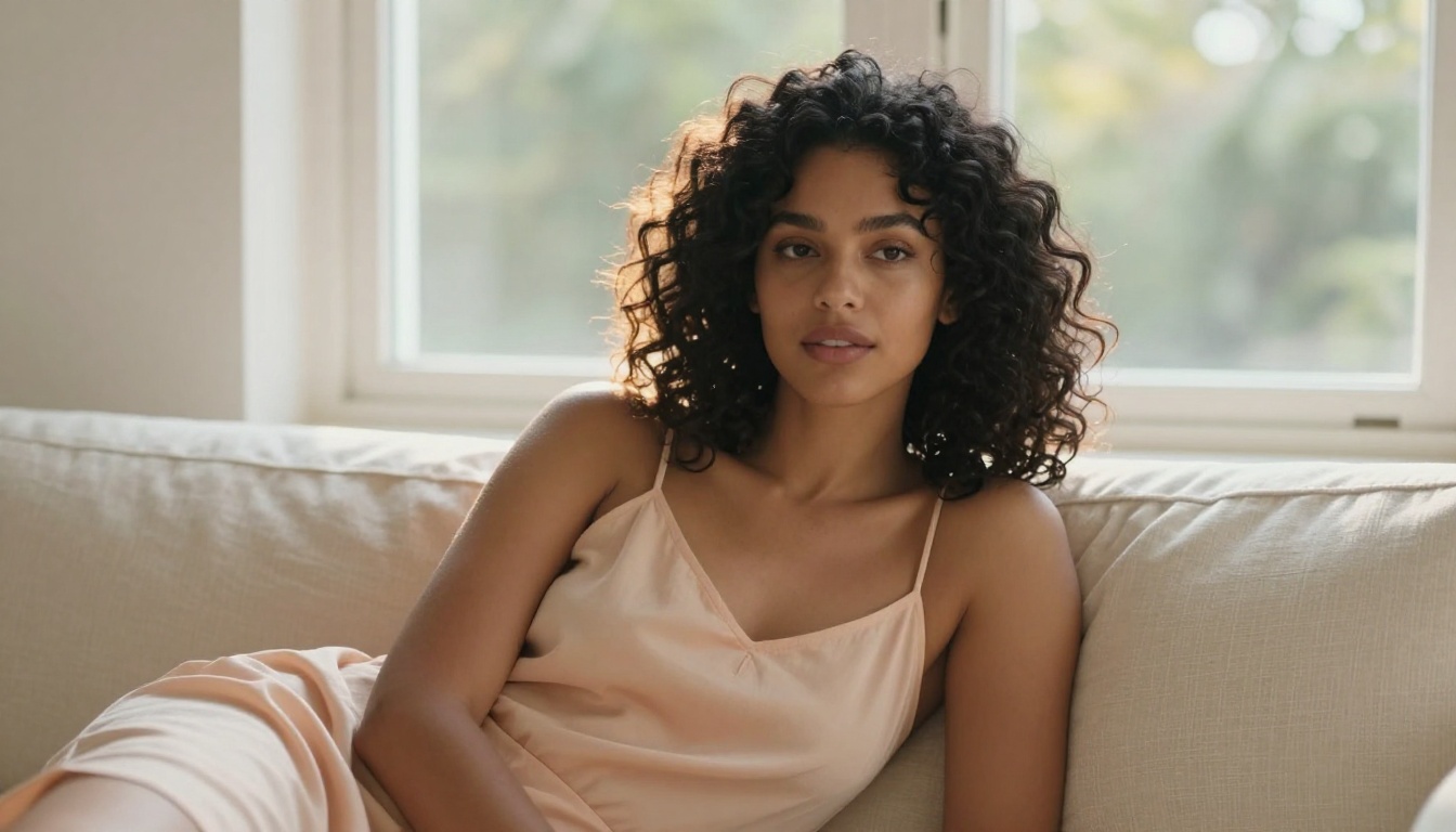 Beautiful woman with natural curly dark hair relaxing on a cream linen sofa in soft afternoon light, summer dress, photorealistic