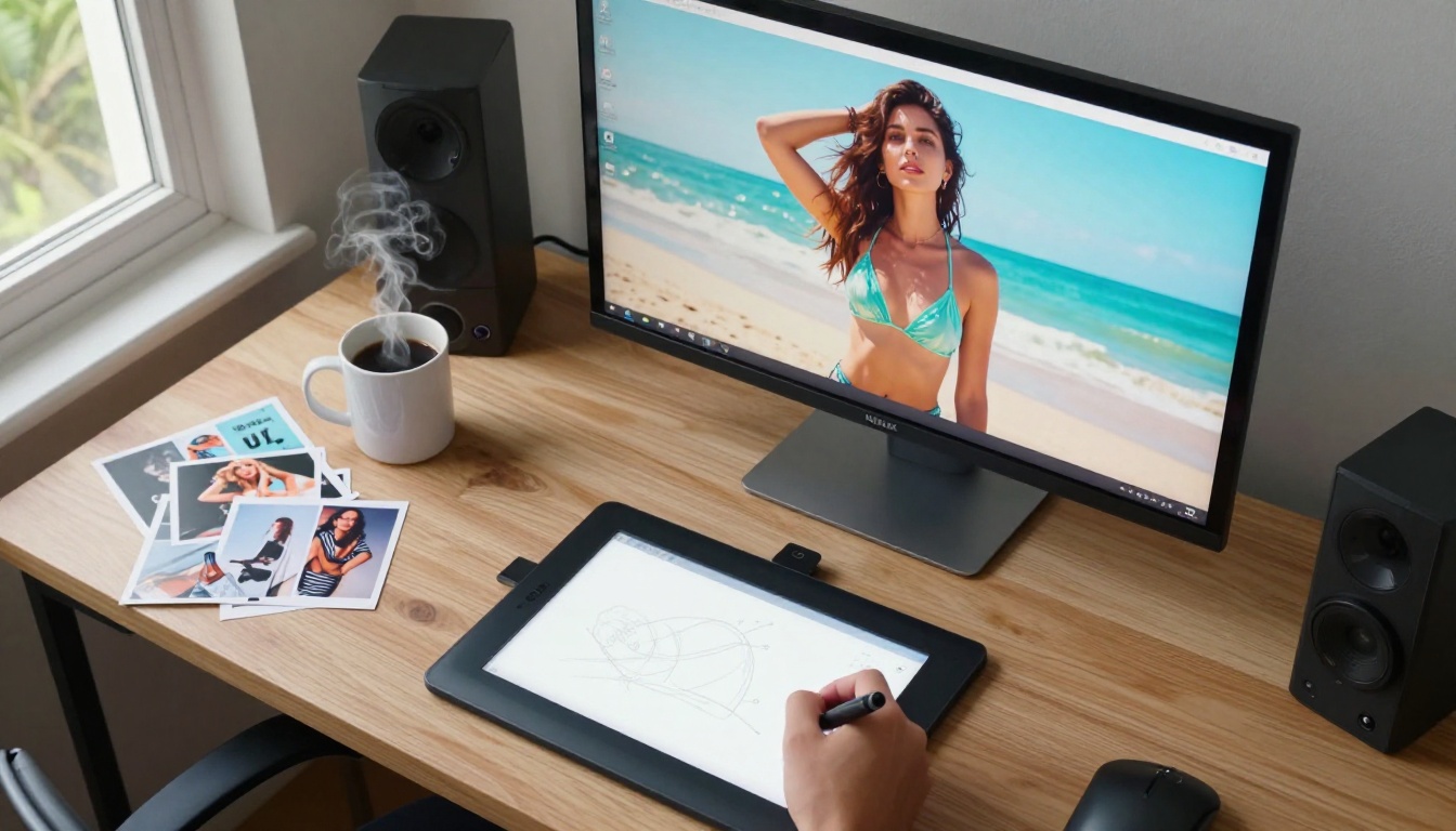 Overhead view of AI content creator desk setup with monitor and Wacom tablet