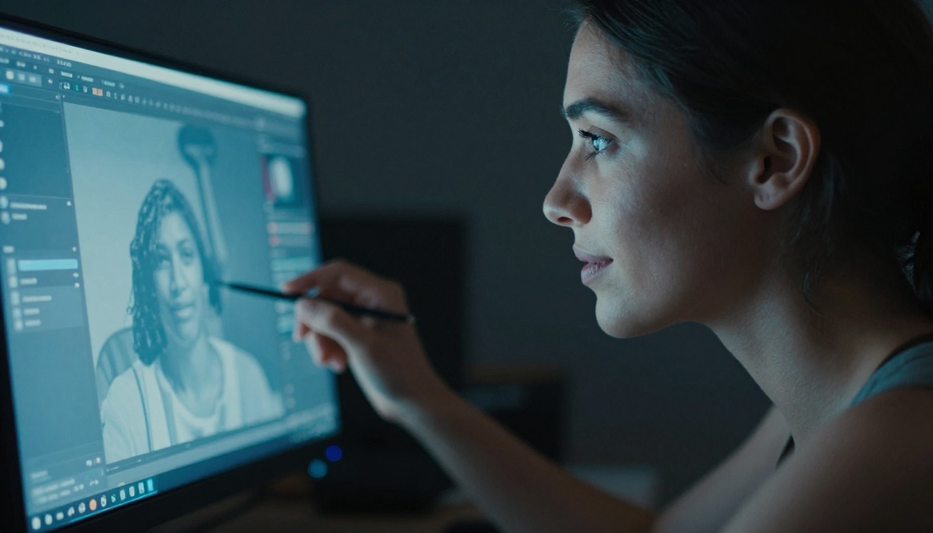 Woman's profile illuminated by monitor screen light in dark creative studio
