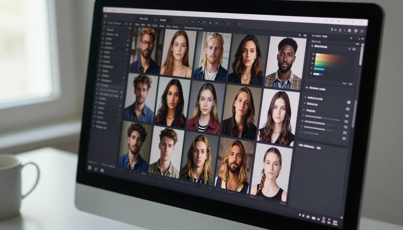 High-resolution monitor screen displaying dark-themed AI generation interface with photorealistic portrait gallery grid, ambient light