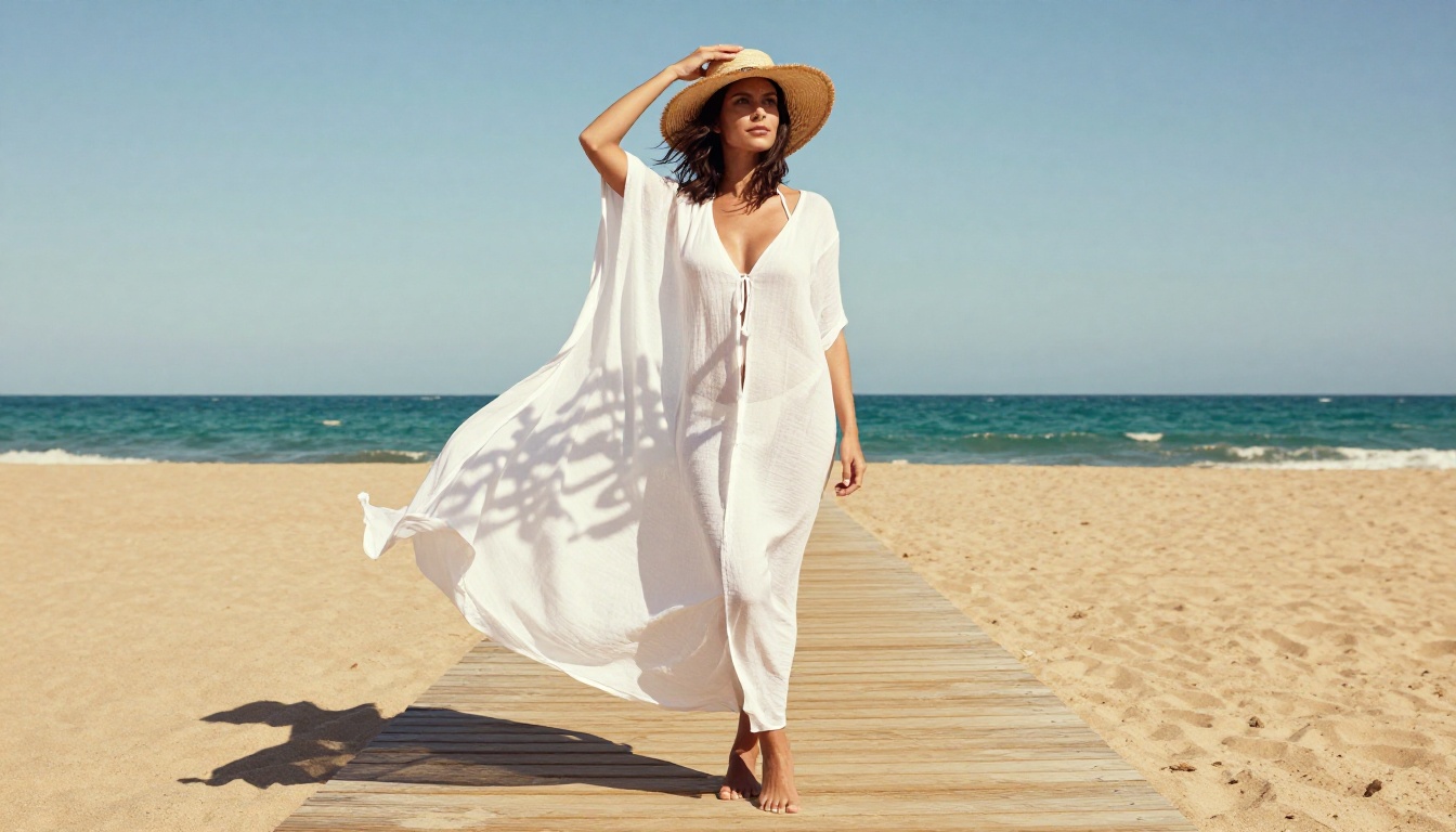 Woman on sun-bleached wooden boardwalk in white linen cover-up overlooking turquoise ocean