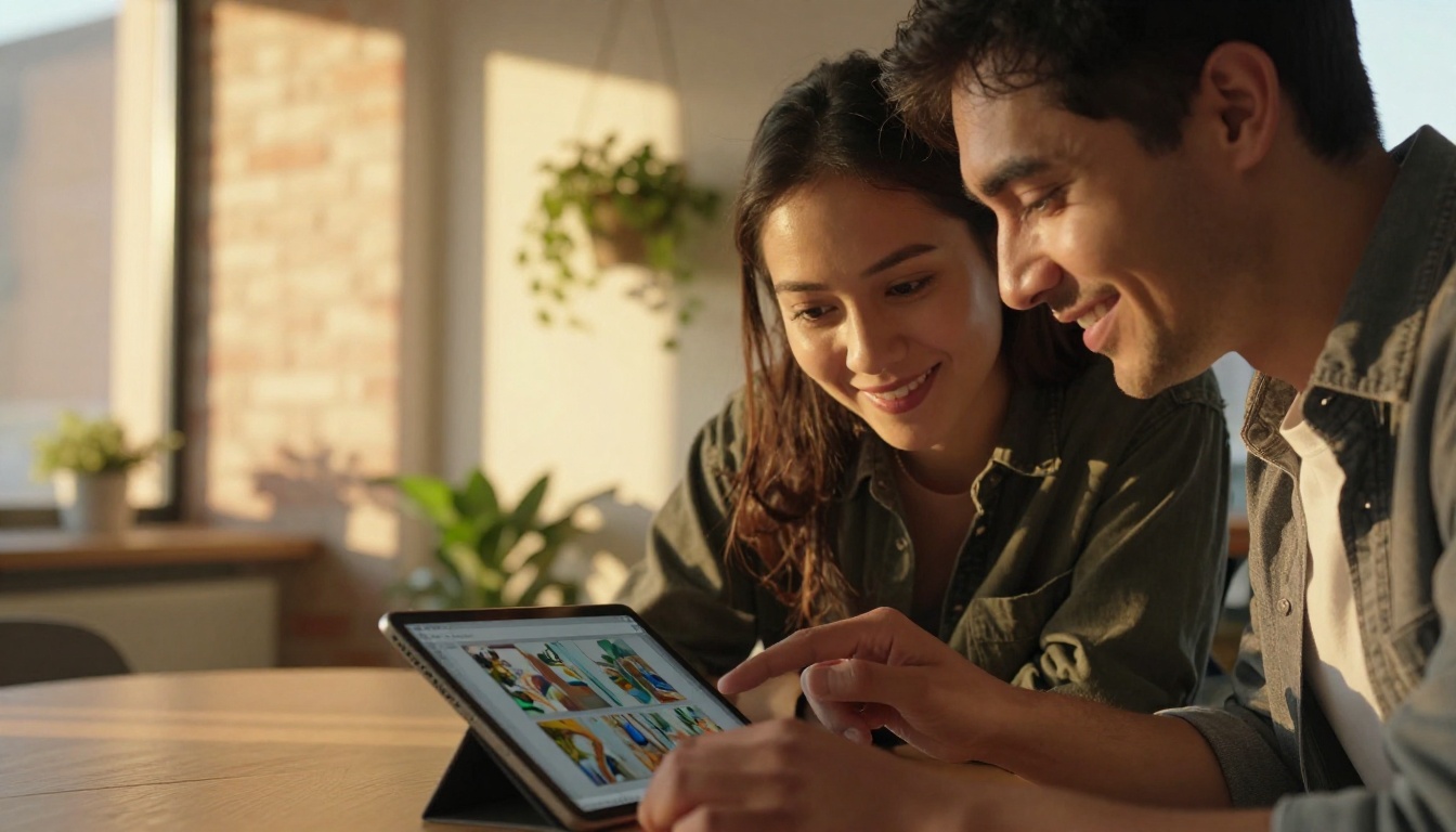 Two content creators reviewing AI-generated images on a tablet in a sunlit co-working space