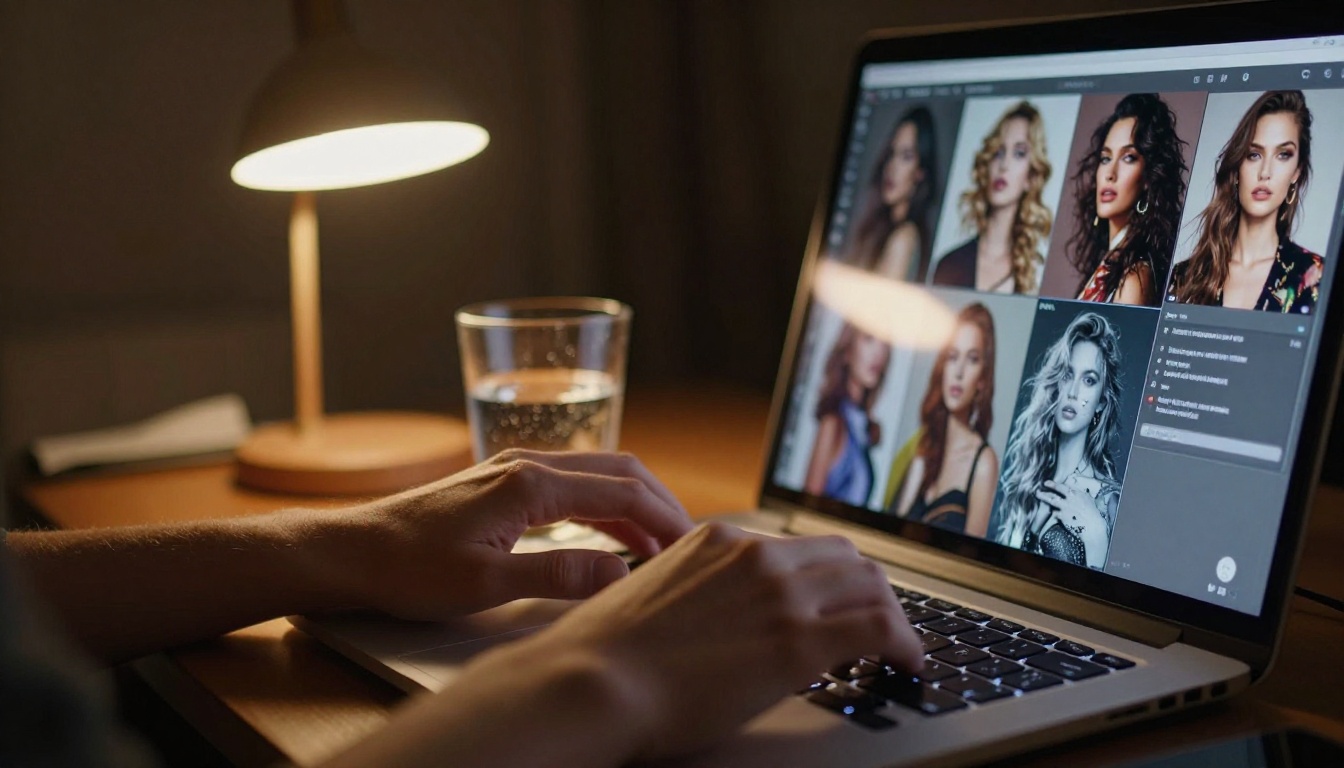 Hands typing on a laptop in warm amber lamplight with AI glamour portrait gallery visible on screen