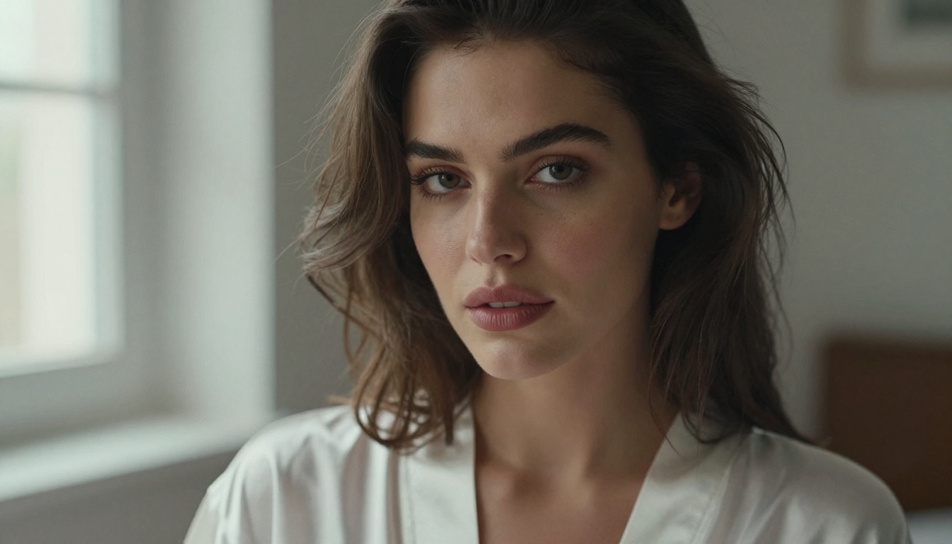 Portrait of brunette woman in white silk robe with morning window light