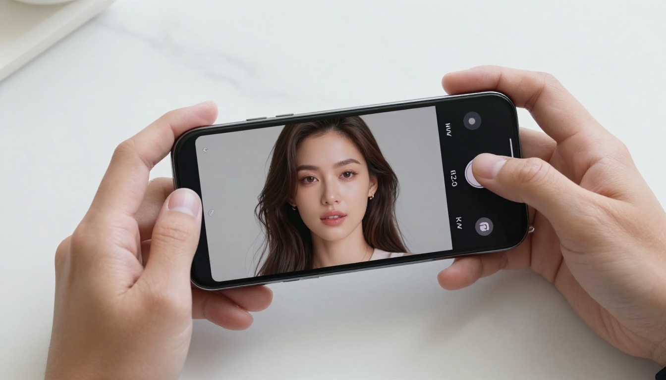 Hands holding smartphone showing AI-generated portrait on marble countertop