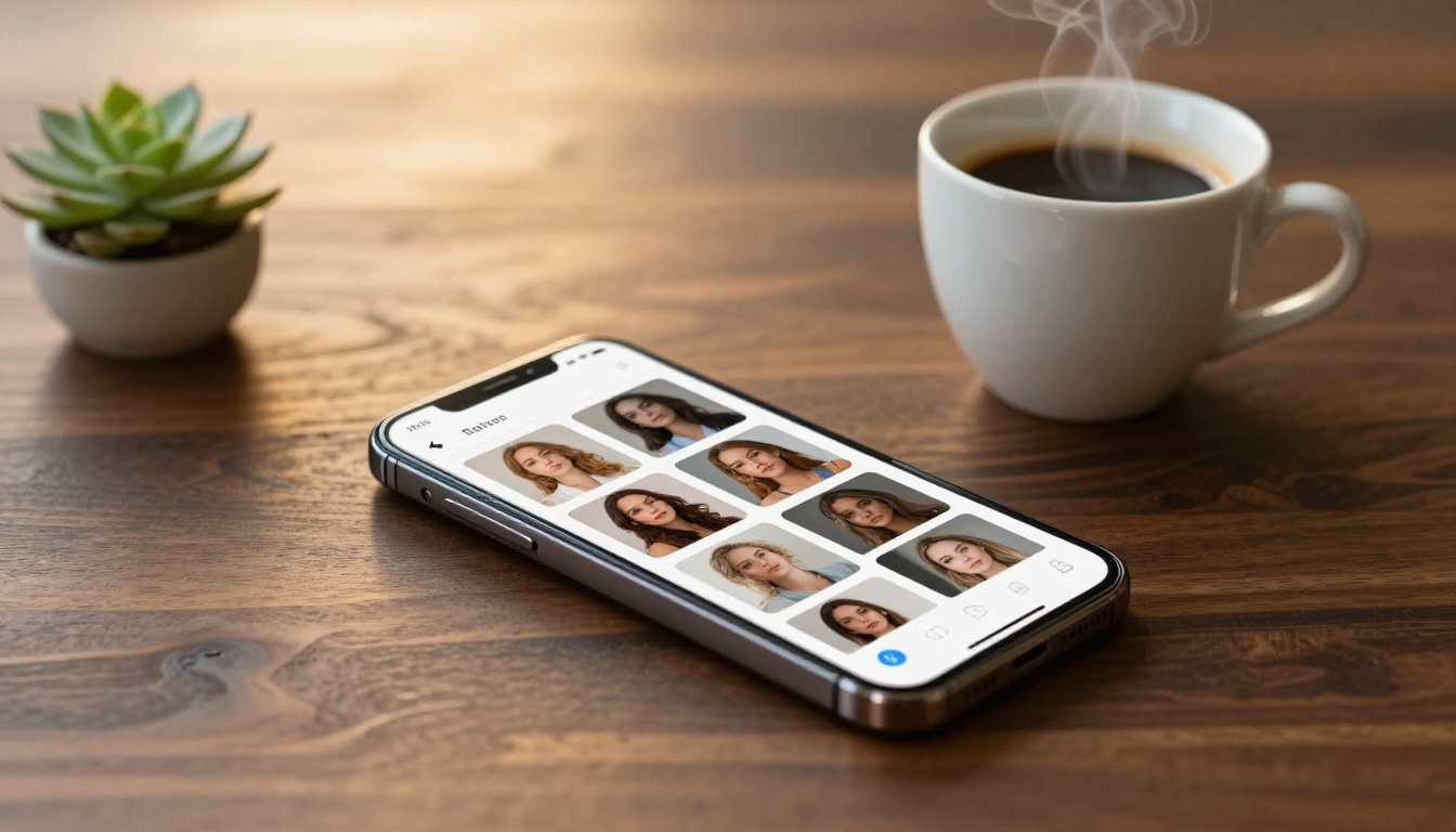 Smartphone on walnut table with coffee showing AI portrait gallery