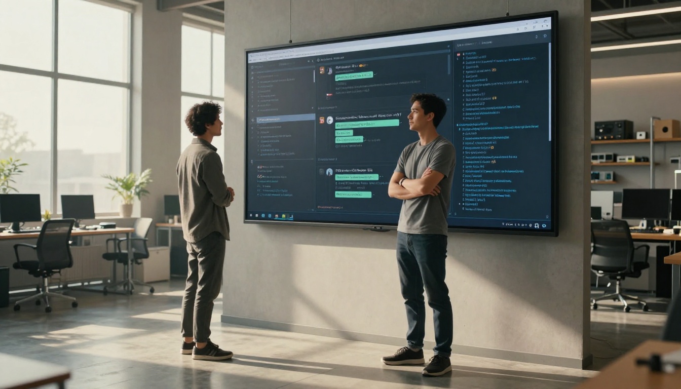 AI software engineer standing before wall-mounted screen of AI chat logs