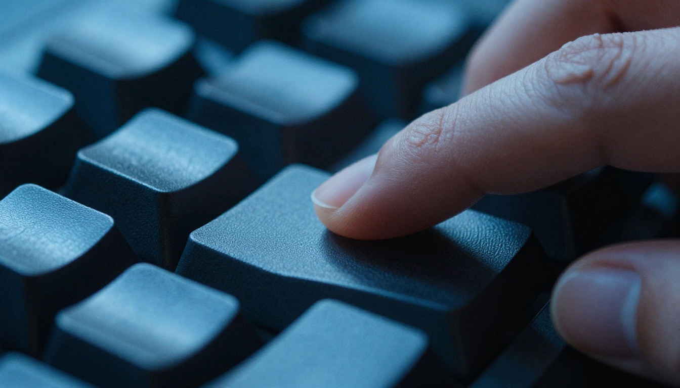 Close-up of human hand pressing mechanical keyboard key with blue monitor light