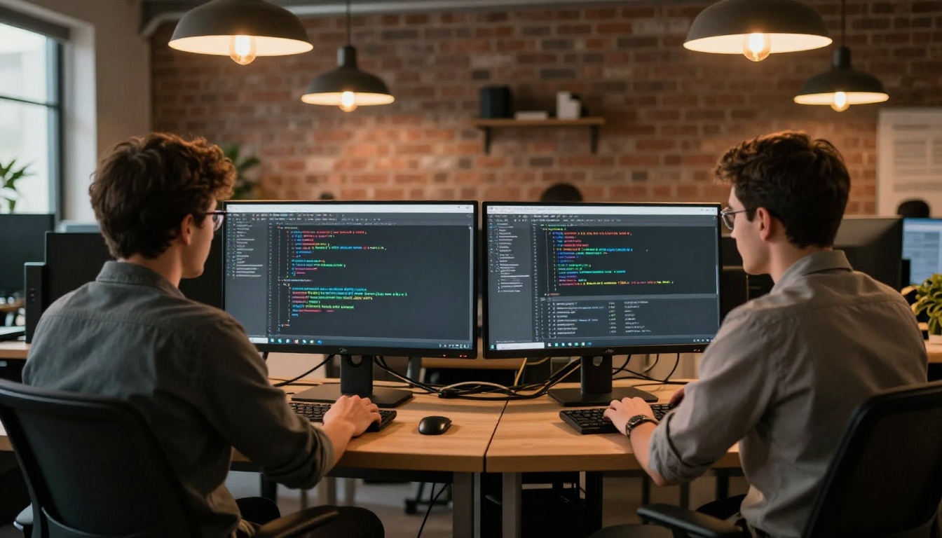 Two programmers working side by side at standing desks with code on monitors