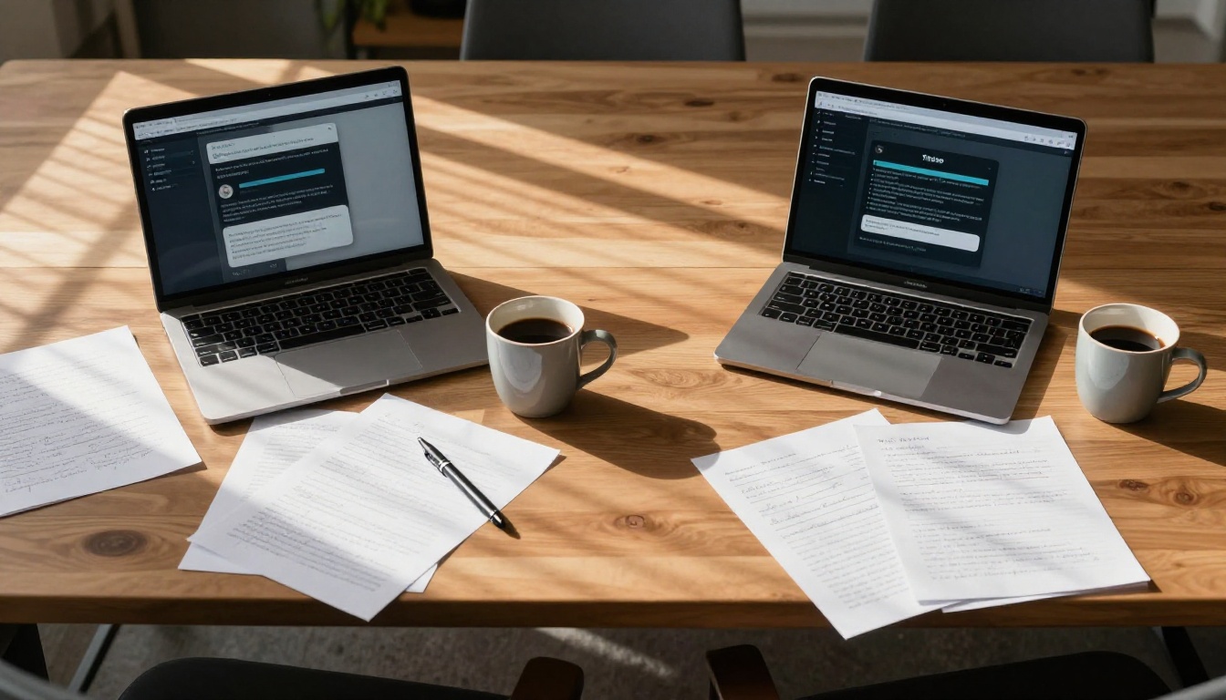 Two laptops side by side on conference table showing different AI chat interfaces