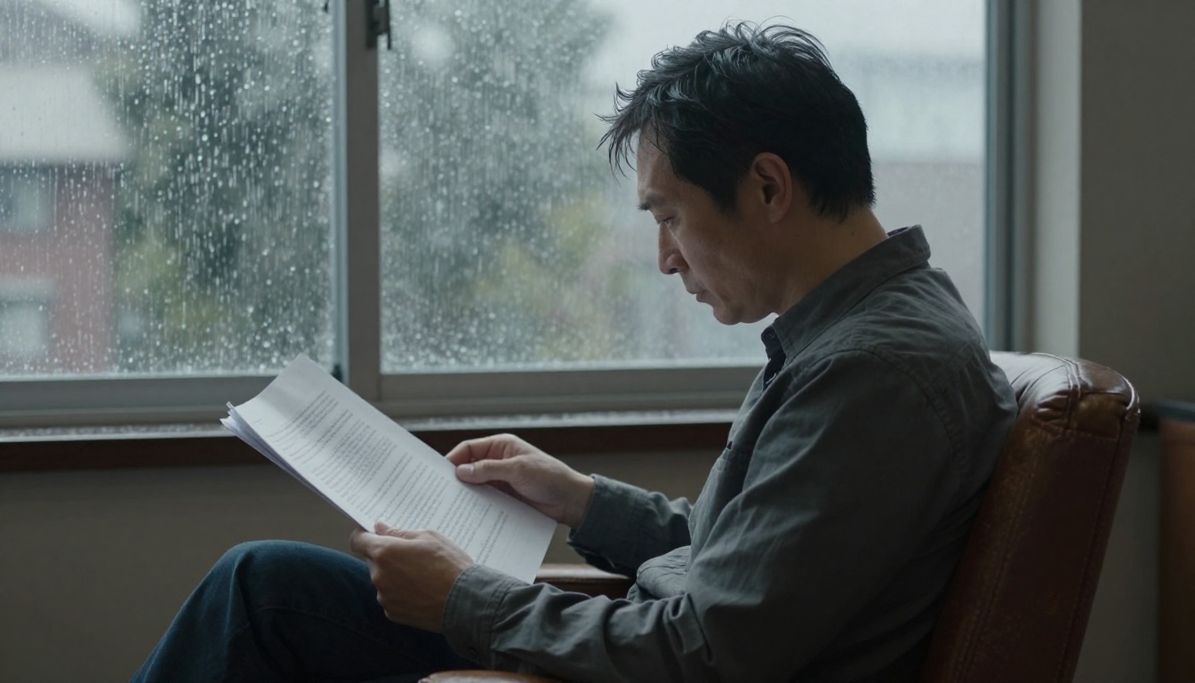 Researcher reading long printed document in leather chair beside rainy window