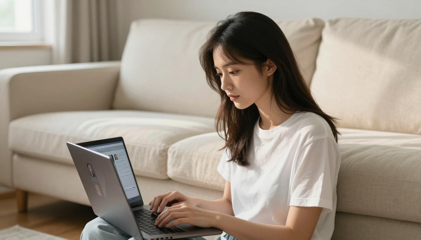 Young woman using AI image generation platform on laptop on cream linen couch