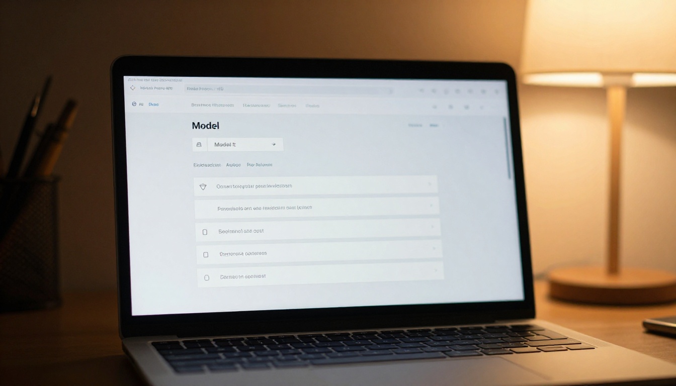 Laptop screen showing clean AI platform interface with model selection dropdown