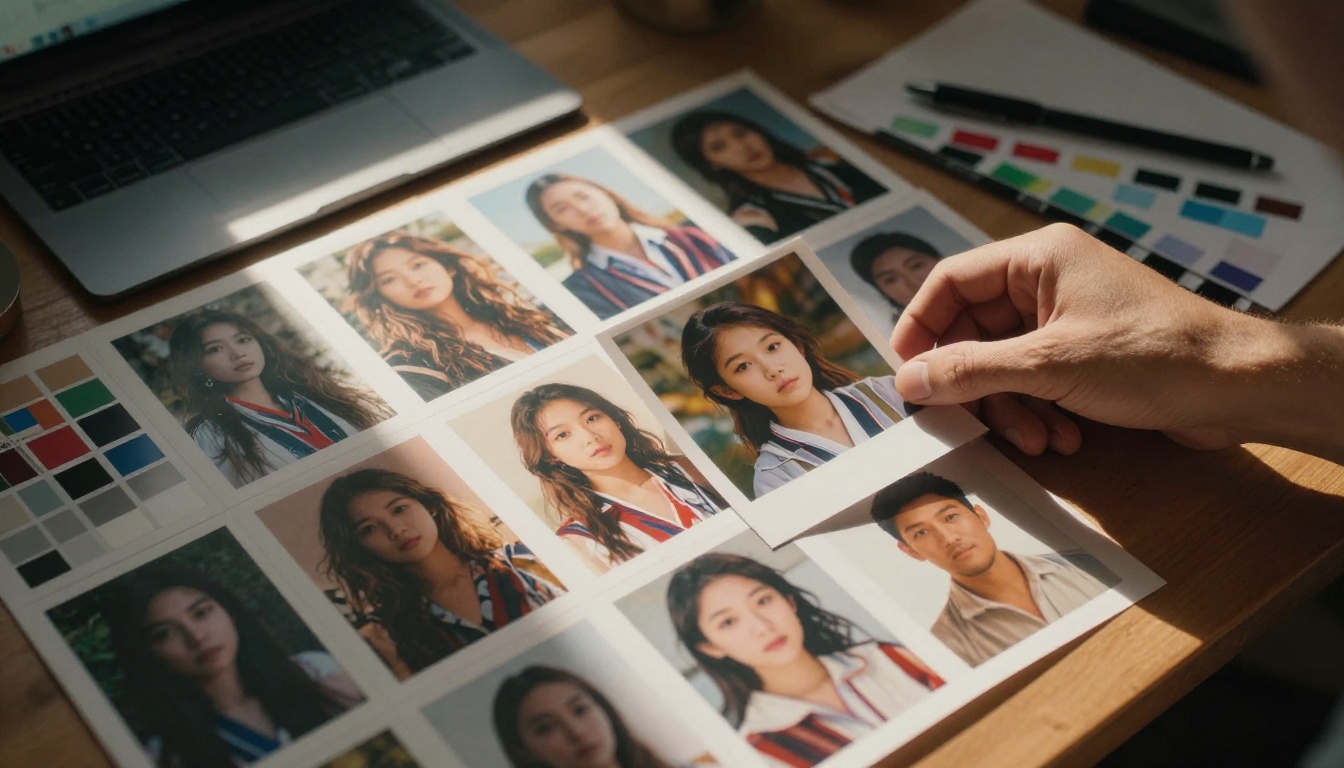 Artist desk covered in printed AI-generated photographs and color grading references