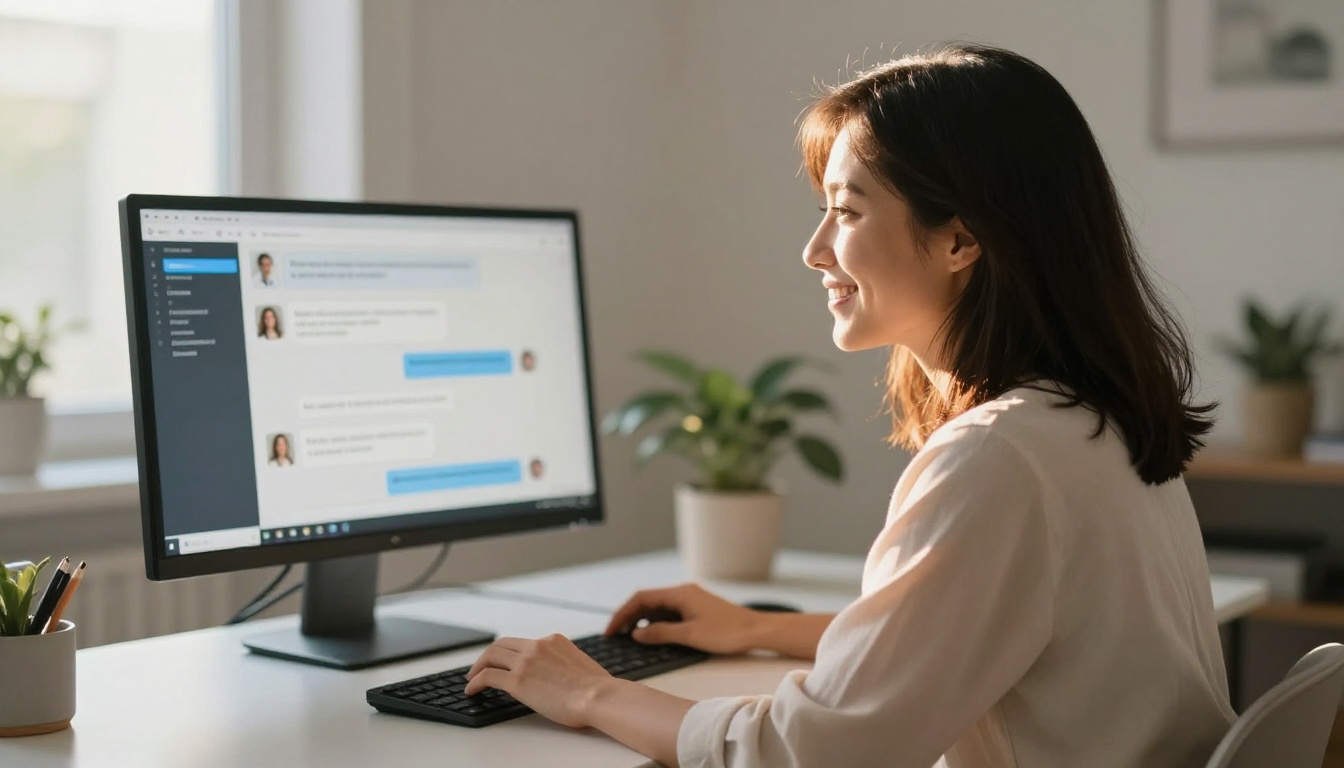 Woman smiling at AI interface at minimalist white desk in warm morning sunlight