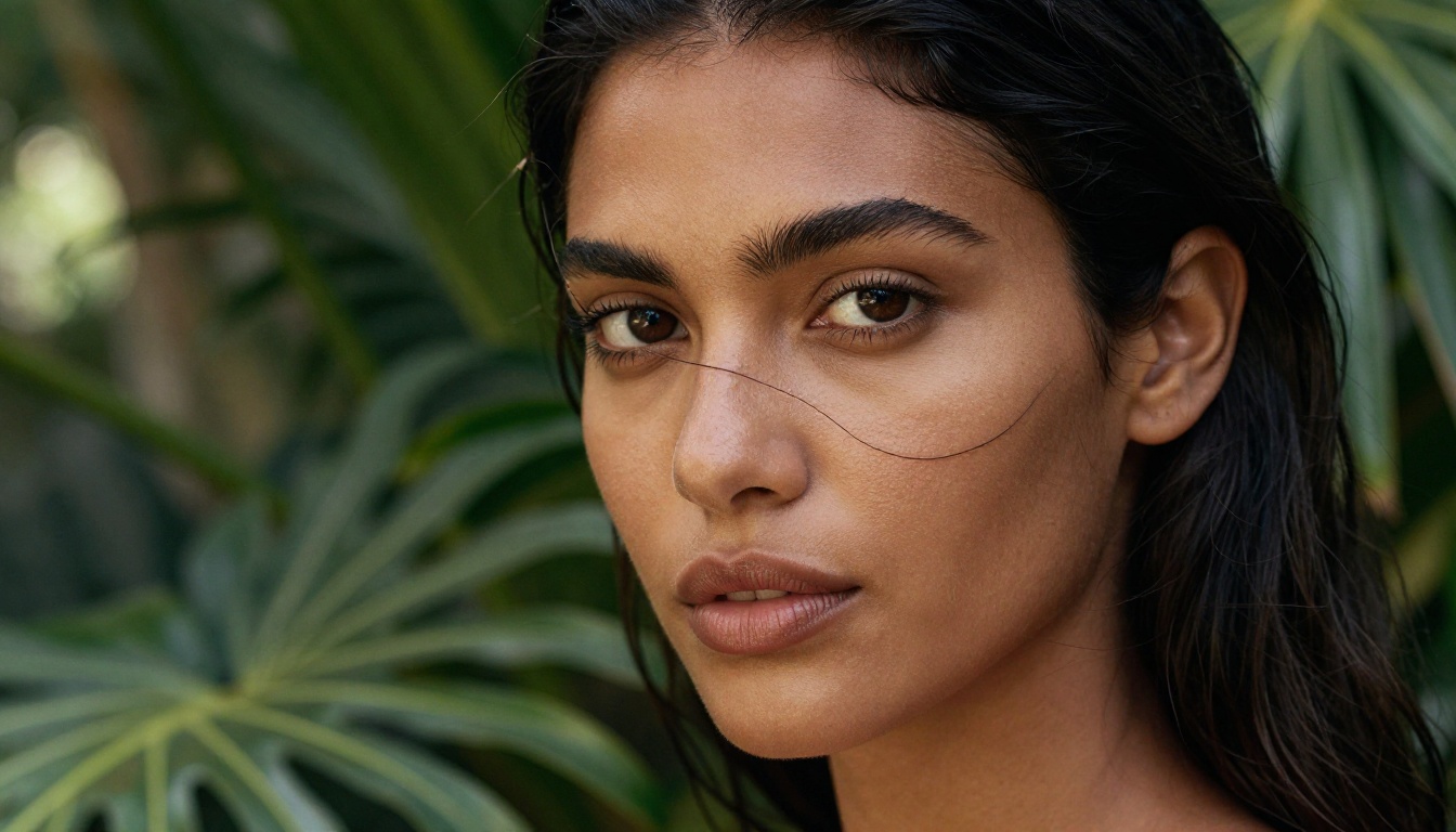 Close-up portrait of stunning woman with dark olive skin and deep brown eyes, lush tropical garden bokeh background, diffused afternoon light from upper left, 85mm f/1.8, visible skin texture and pores on cheeks, single strand of dark hair caught by breeze across face, Kodak Portra 400 film emulation, 8K, photorealistic Close-up portrait of stunning woman with dark olive skin and deep brown eyes, lush tropical garden bokeh background, diffused afternoon light from upper left, 85mm f/1.8, visible skin texture and pores on cheeks, single strand of dark hair caught by breeze across face, Kodak Portra 400 film emulation, 8K, photorealistic