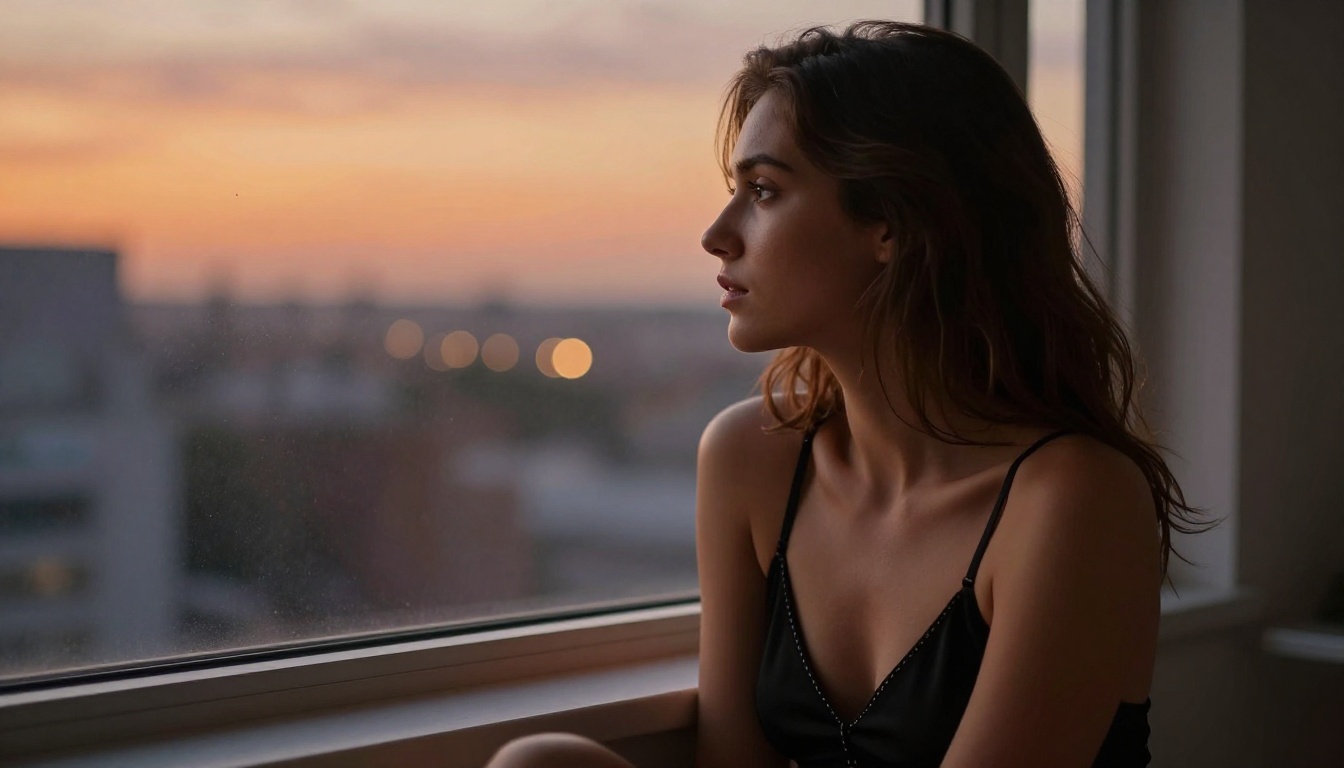 Woman with honey-toned skin wearing a black halter top, looking out a tall window at a purple and orange dusk cityscape
