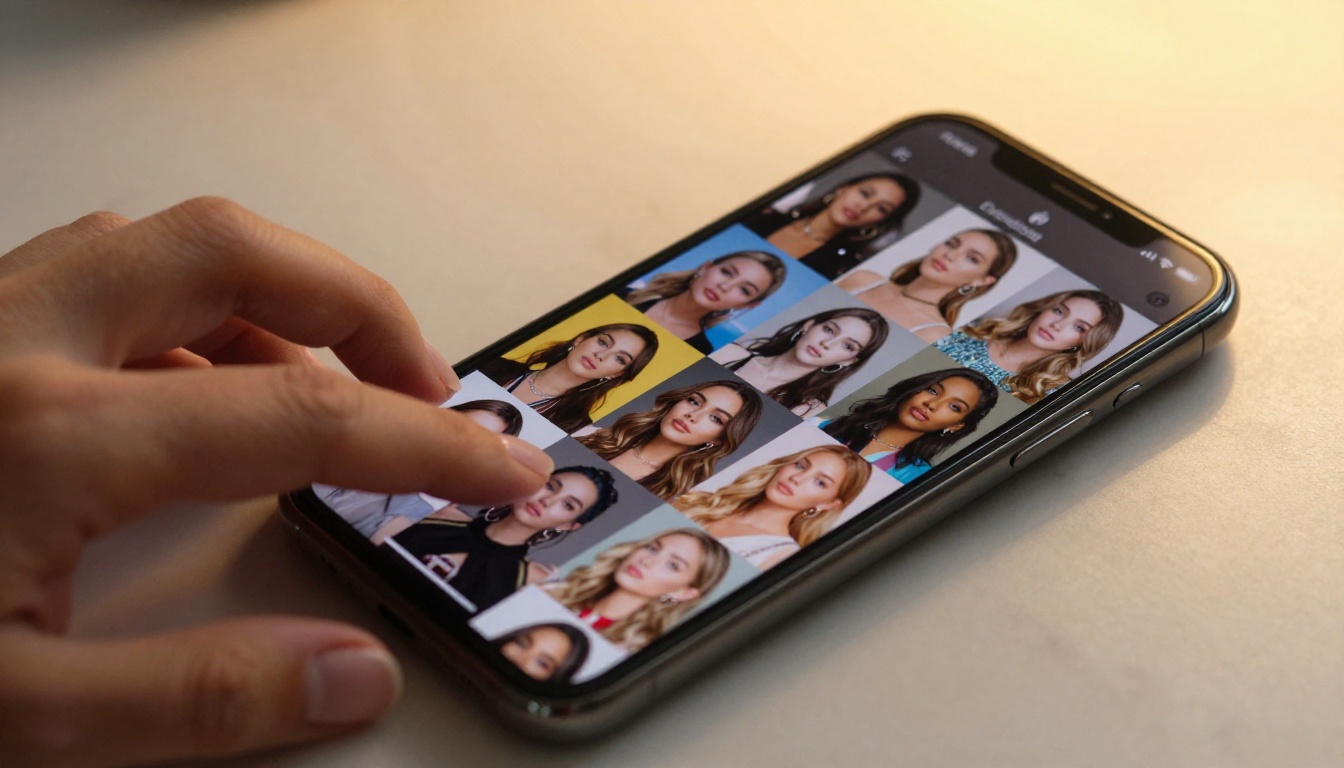 Smartphone displaying AI-generated portrait gallery on white marble table, macro close-up, warm studio ambient light from upper right, visible screen glass reflections, manicured hand entering frame, 60mm macro f/2.8, Kodak Portra 400, photorealistic 8K Smartphone displaying AI-generated portrait gallery on white marble table, macro close-up, warm studio ambient light from upper right, visible screen glass reflections, manicured hand entering frame, 60mm macro f/2.8, Kodak Portra 400, photorealistic 8K