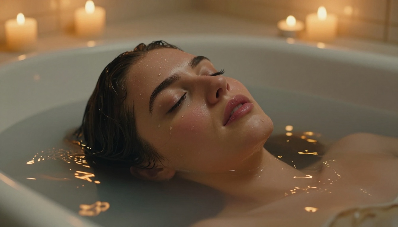 Woman with dark wet hair and closed eyes partially submerged in a milky white bath, surrounded by amber candlelight