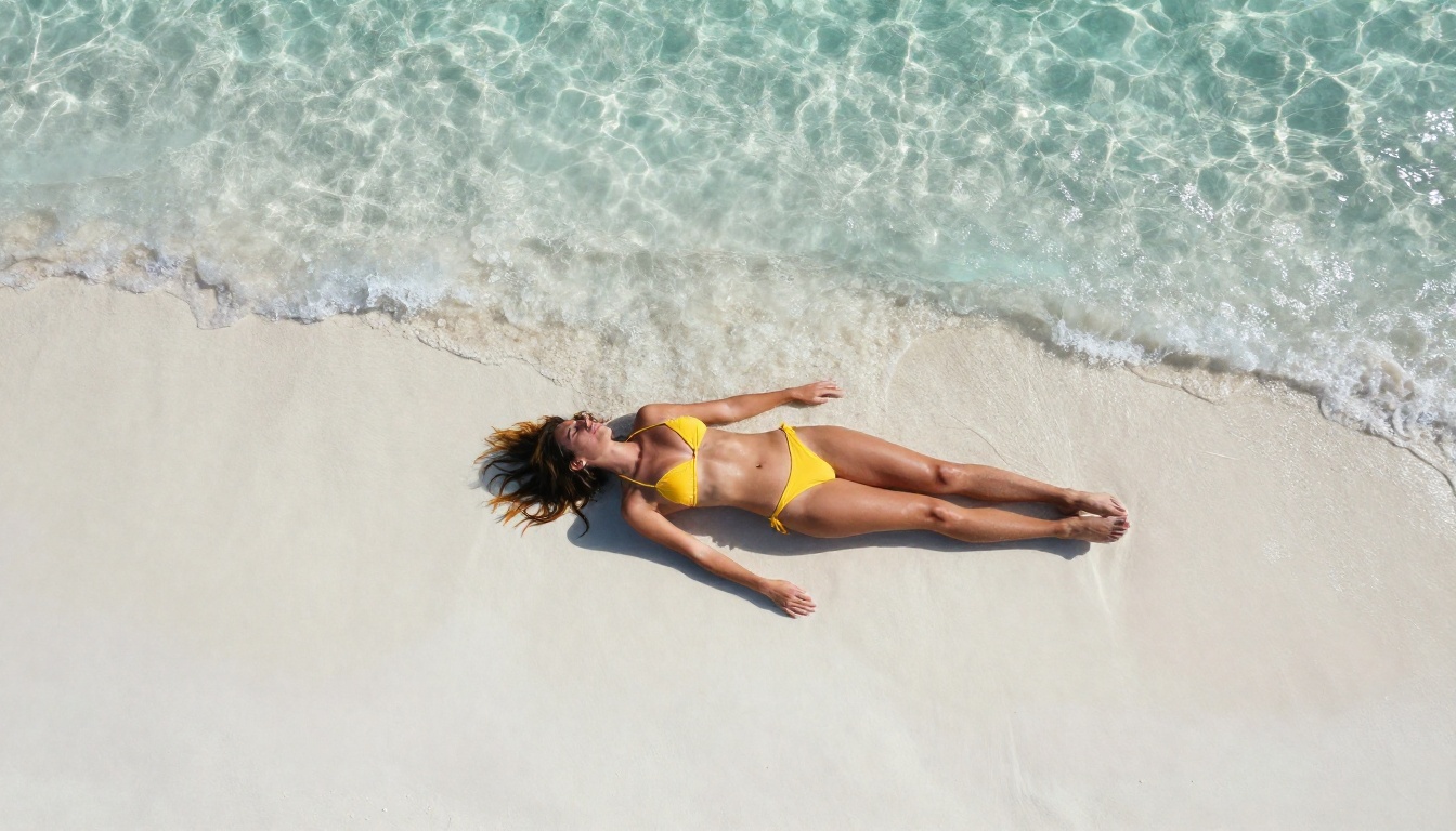 Gorgeous woman with sun-bleached honey hair in yellow string bikini lying relaxed on white Maldives sand beach, aerial overhead shot from 20 meters directly above, crystal-clear turquoise water lapping at frame edge, bright tropical noon sun casting sharp shadows, ultra-fine sand grain texture across entire frame, DJI aerial perspective, photorealistic natural sunlight, 8K RAW
