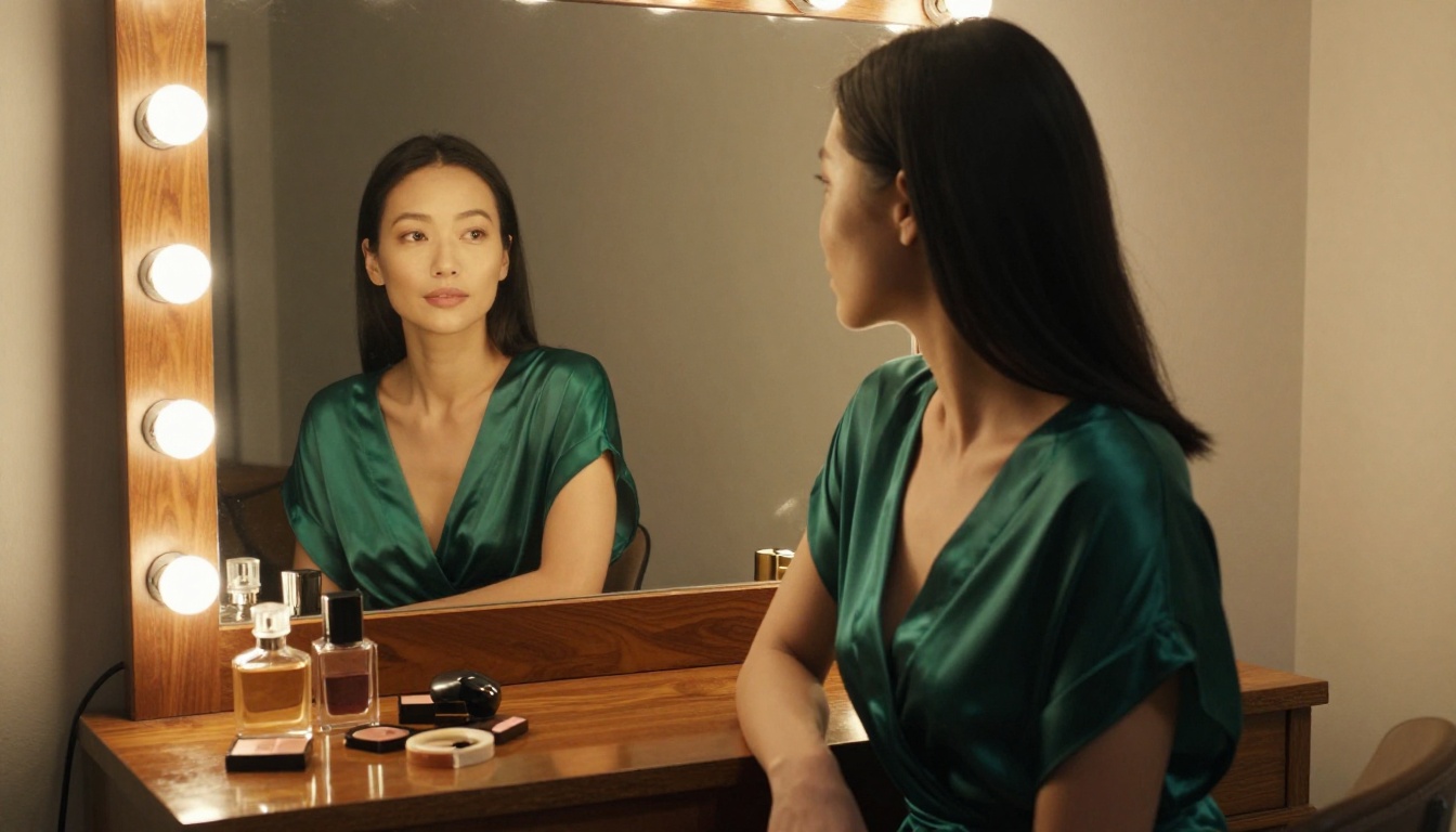Woman with Asian features wearing an emerald silk kimono wrap, sitting at a vanity table with Hollywood bulb lighting