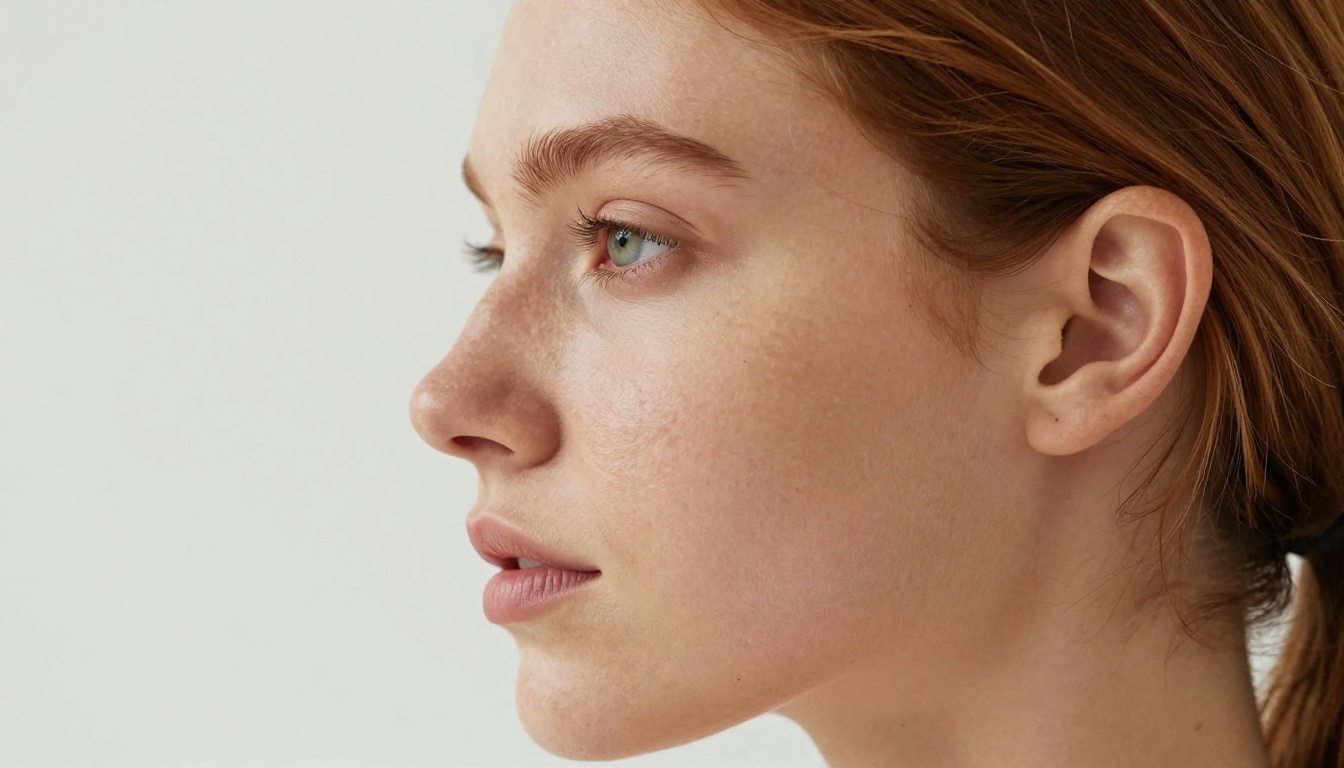 Intimate close-up side profile of young woman with light freckled skin and bright green eyes, auburn hair loosely pulled back with escaping wisps, natural diffused window light from left illuminating individual fine facial hairs and eyelashes, white studio background, 105mm macro f/2.8, pore-level skin texture sharply rendered, golden reflector warming right side, Kodak Portra 400, editorial beauty photography, photorealistic 8K Intimate close-up side profile of young woman with light freckled skin and bright green eyes, auburn hair loosely pulled back with escaping wisps, natural diffused window light from left illuminating individual fine facial hairs and eyelashes, white studio background, 105mm macro f/2.8, pore-level skin texture sharply rendered, golden reflector warming right side, Kodak Portra 400, editorial beauty photography, photorealistic 8K