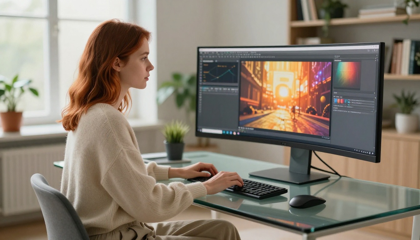 AI content creator working on video generation at a modern studio desk