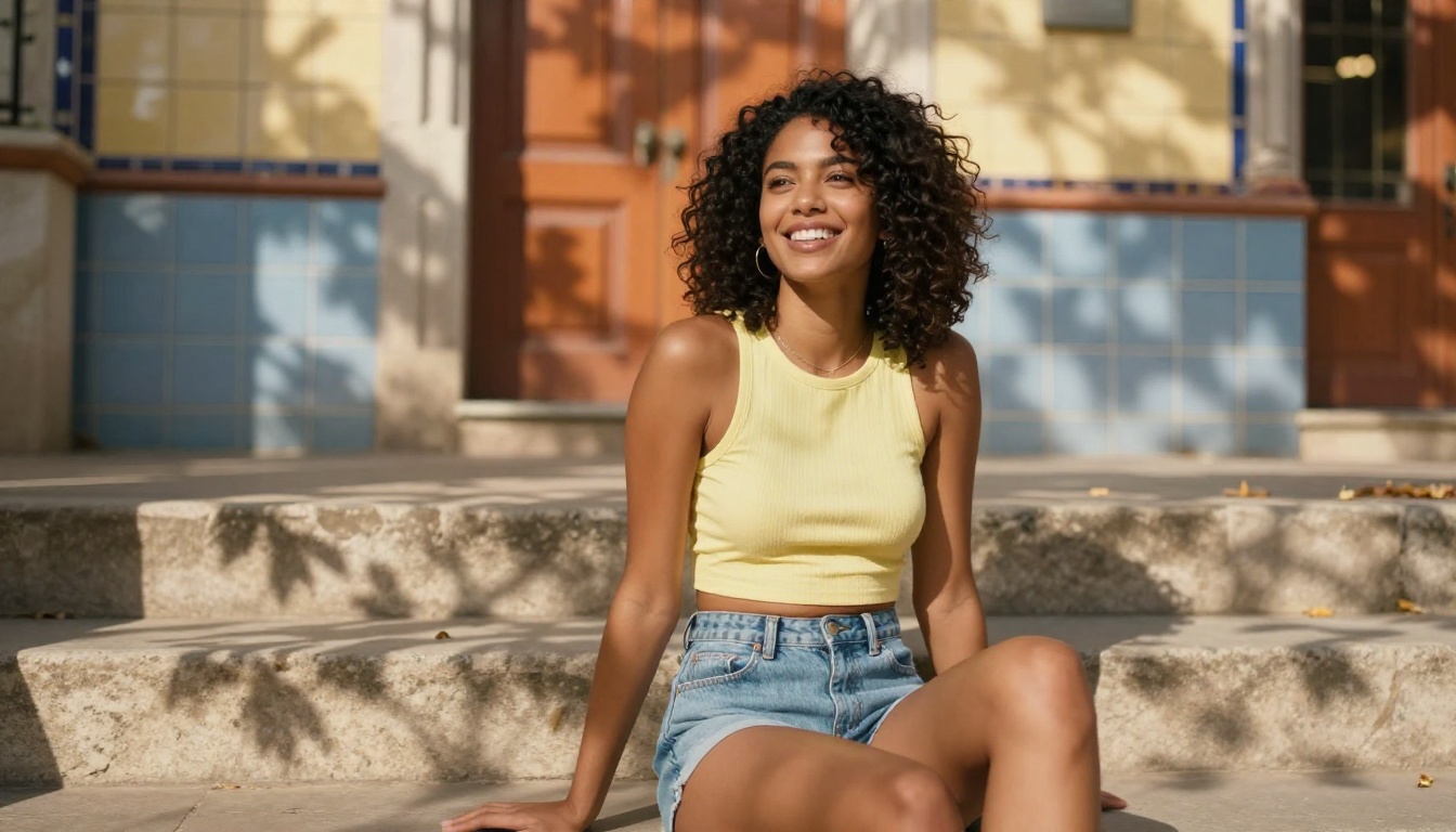 Woman with warm caramel skin and voluminous curly dark hair in pastel yellow crop top and high-waisted denim shorts, sitting on sun-warmed Barcelona stone steps, dappled afternoon light through orange trees, 50mm f/1.8 bokeh Spanish architecture background, candid natural mid-laugh expression, Kodak Portra 400, photorealistic 8K