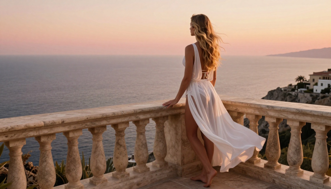 Elegant woman on a Mediterranean cliffside hotel balcony at golden hour
